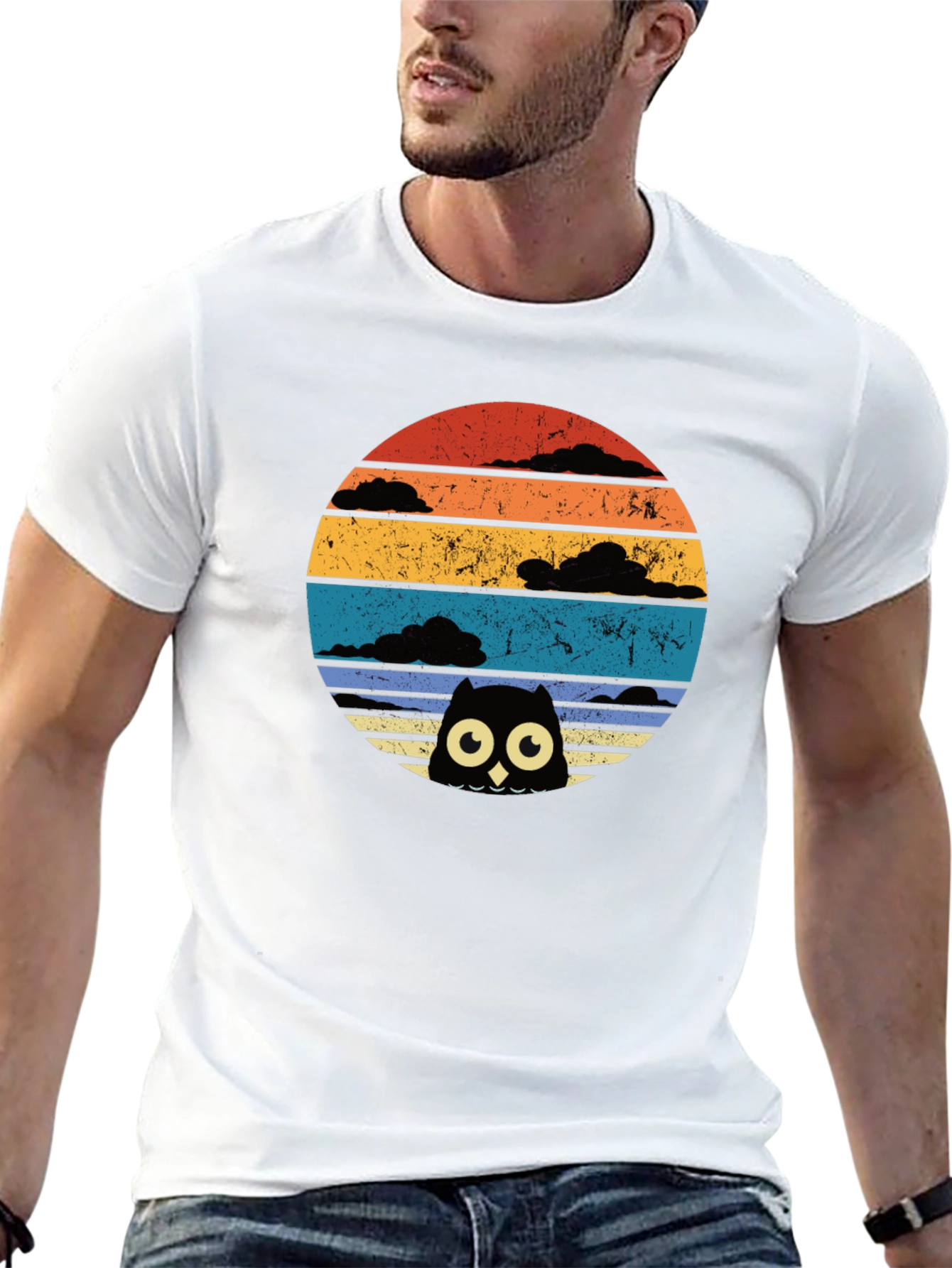 Retro Owl Sunset Graphic Tee - Black