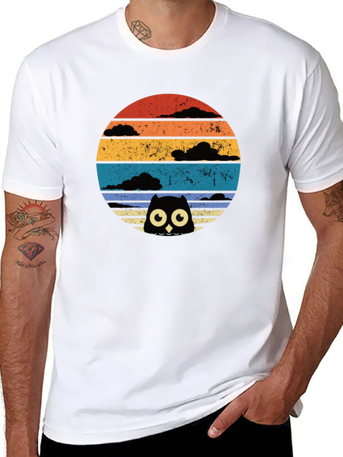 Retro Owl Sunset Graphic Tee - Black