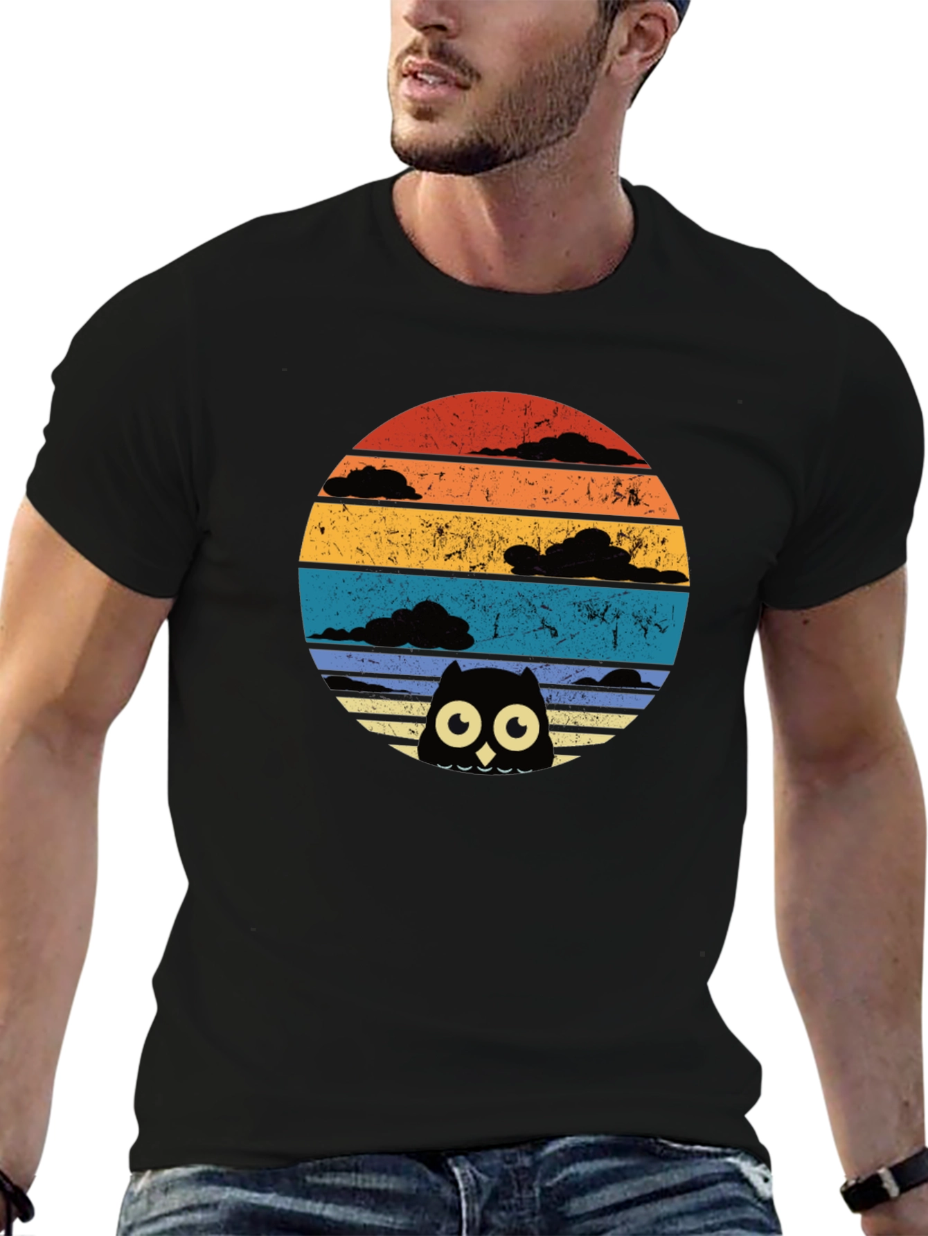 Retro Owl Sunset Graphic Tee - Black