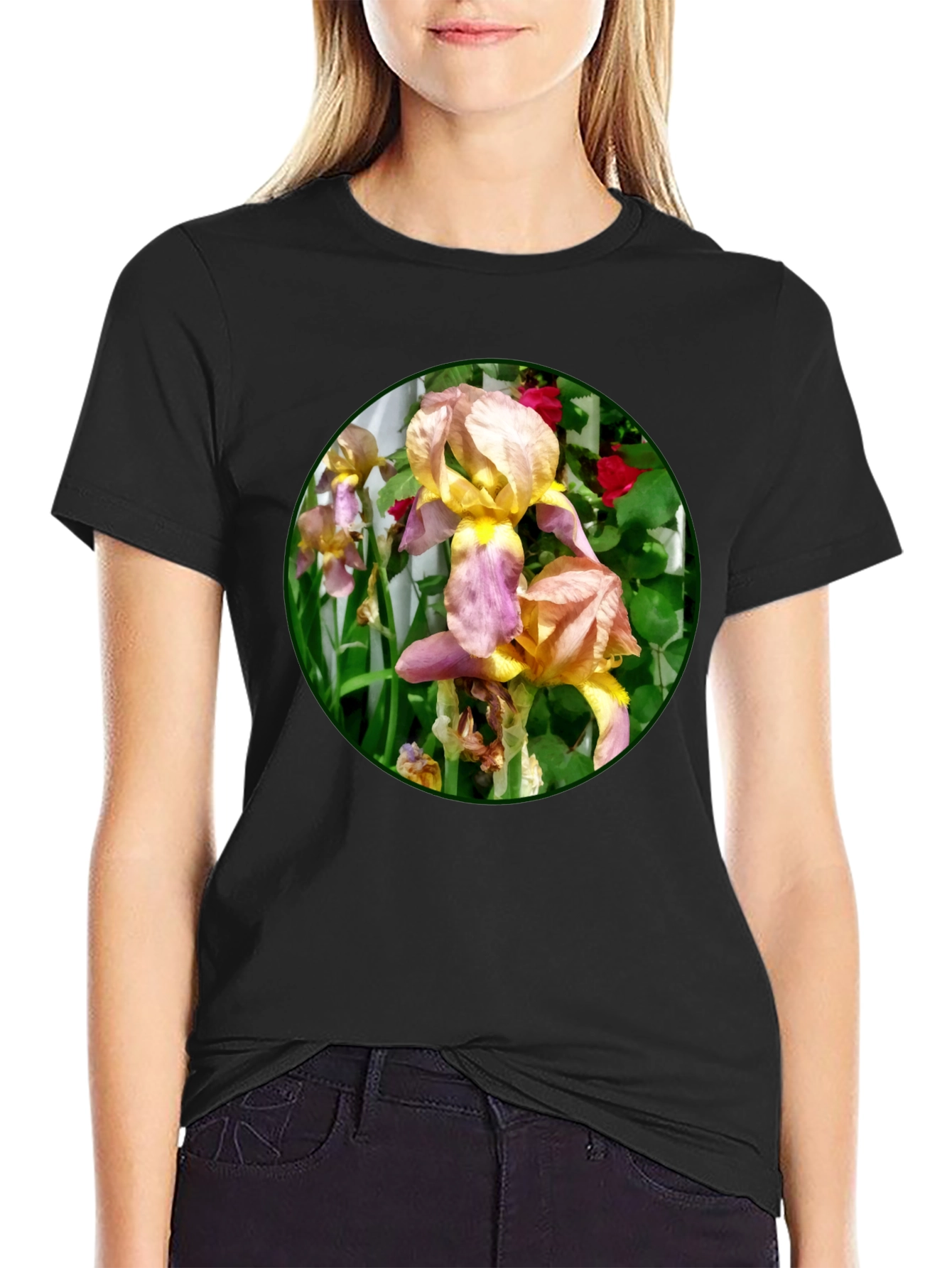 Floral Iris Graphic T-Shirt - Unique Garden Design