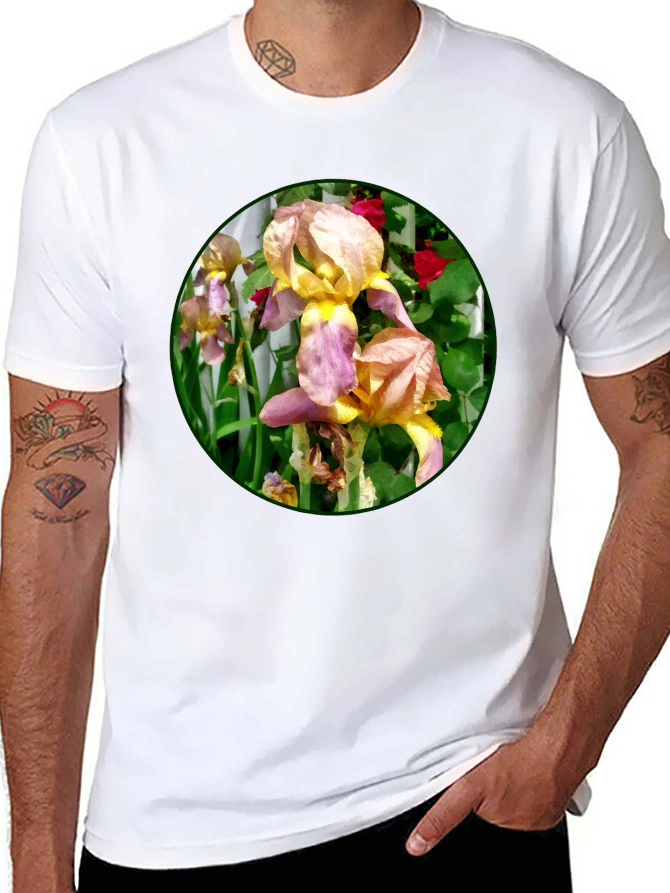 Floral Iris Graphic T-Shirt - Unique Garden Design