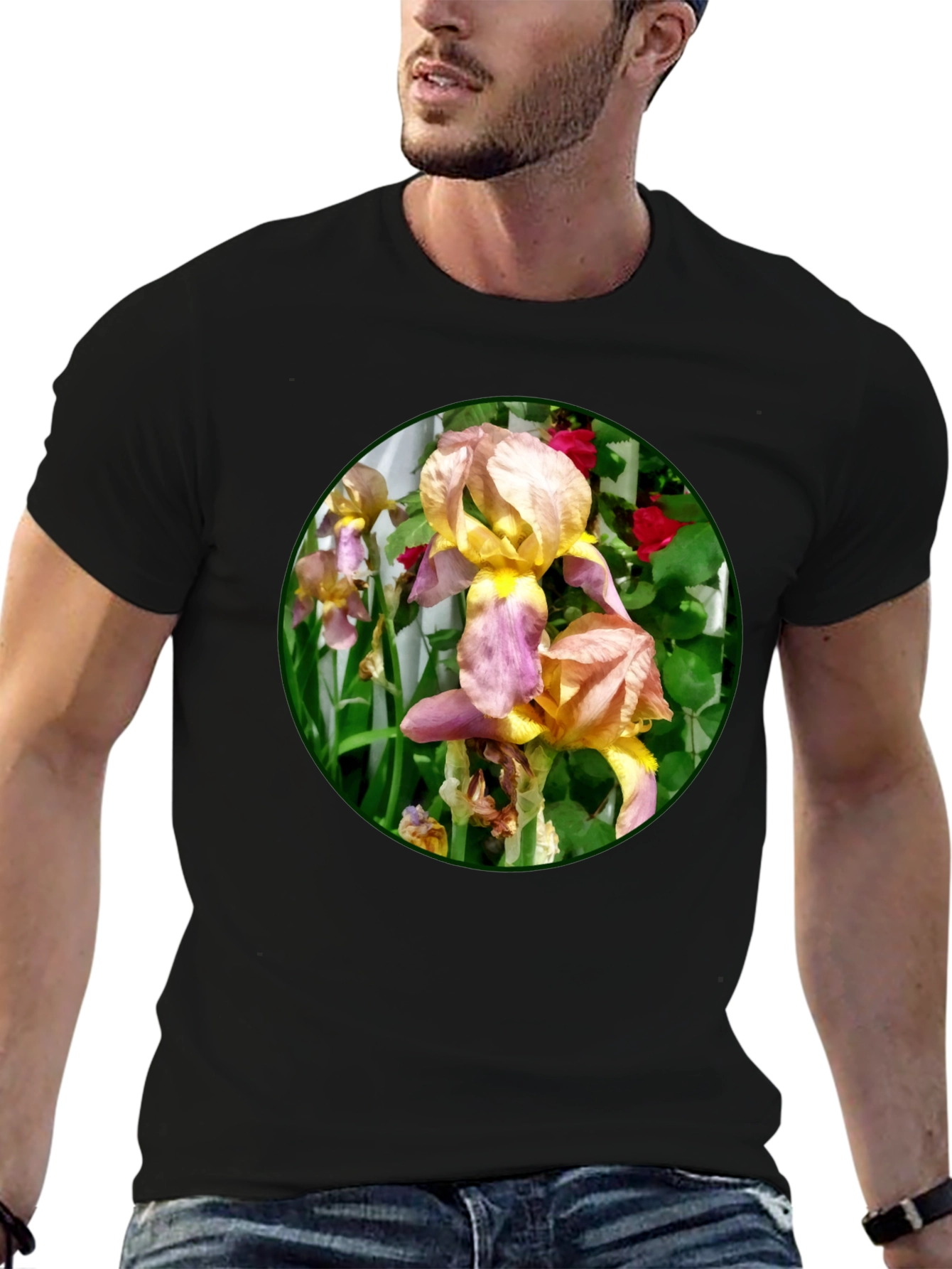 Floral Iris Graphic T-Shirt - Unique Garden Design