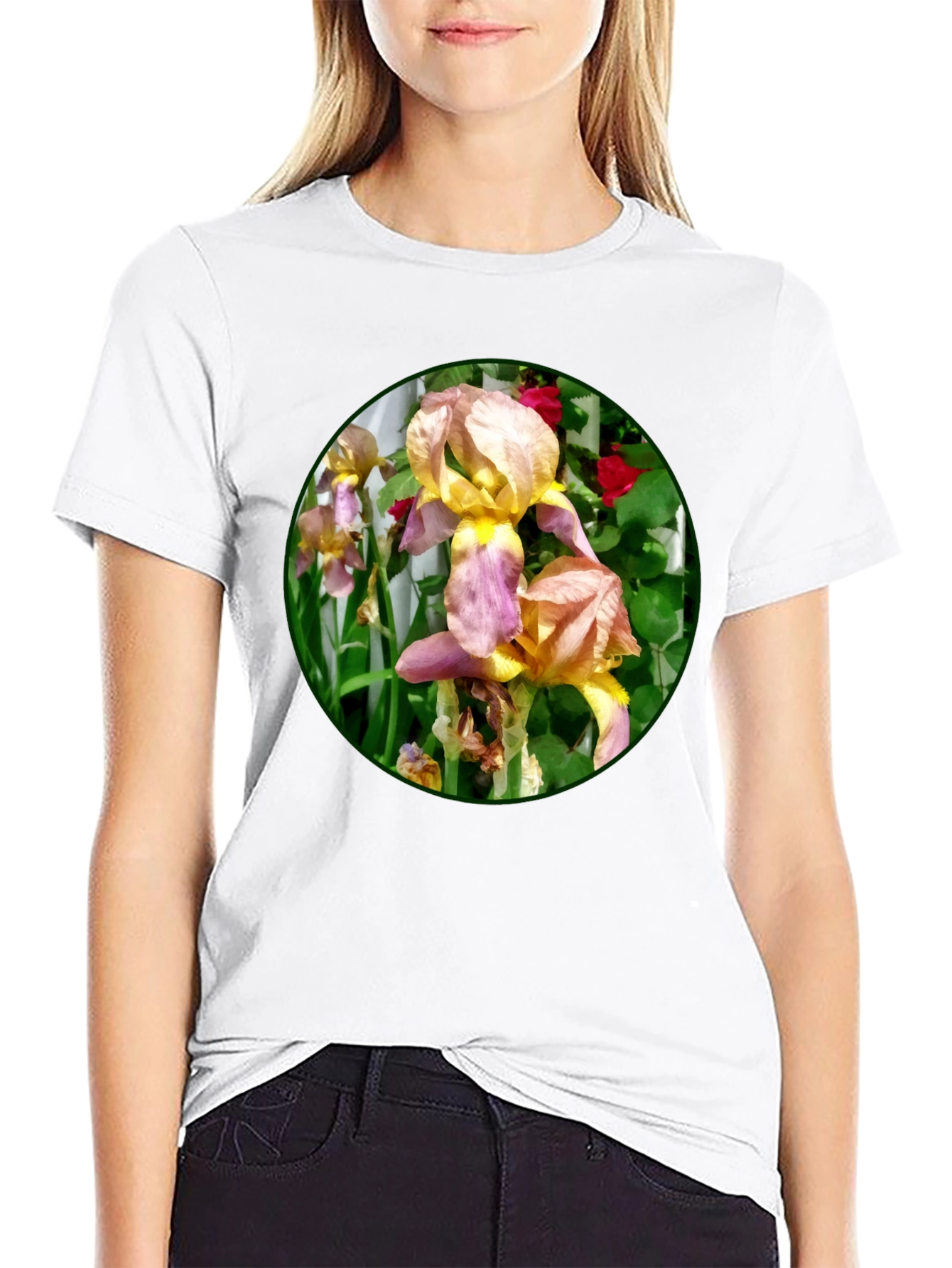 Floral Iris Graphic T-Shirt - Unique Garden Design