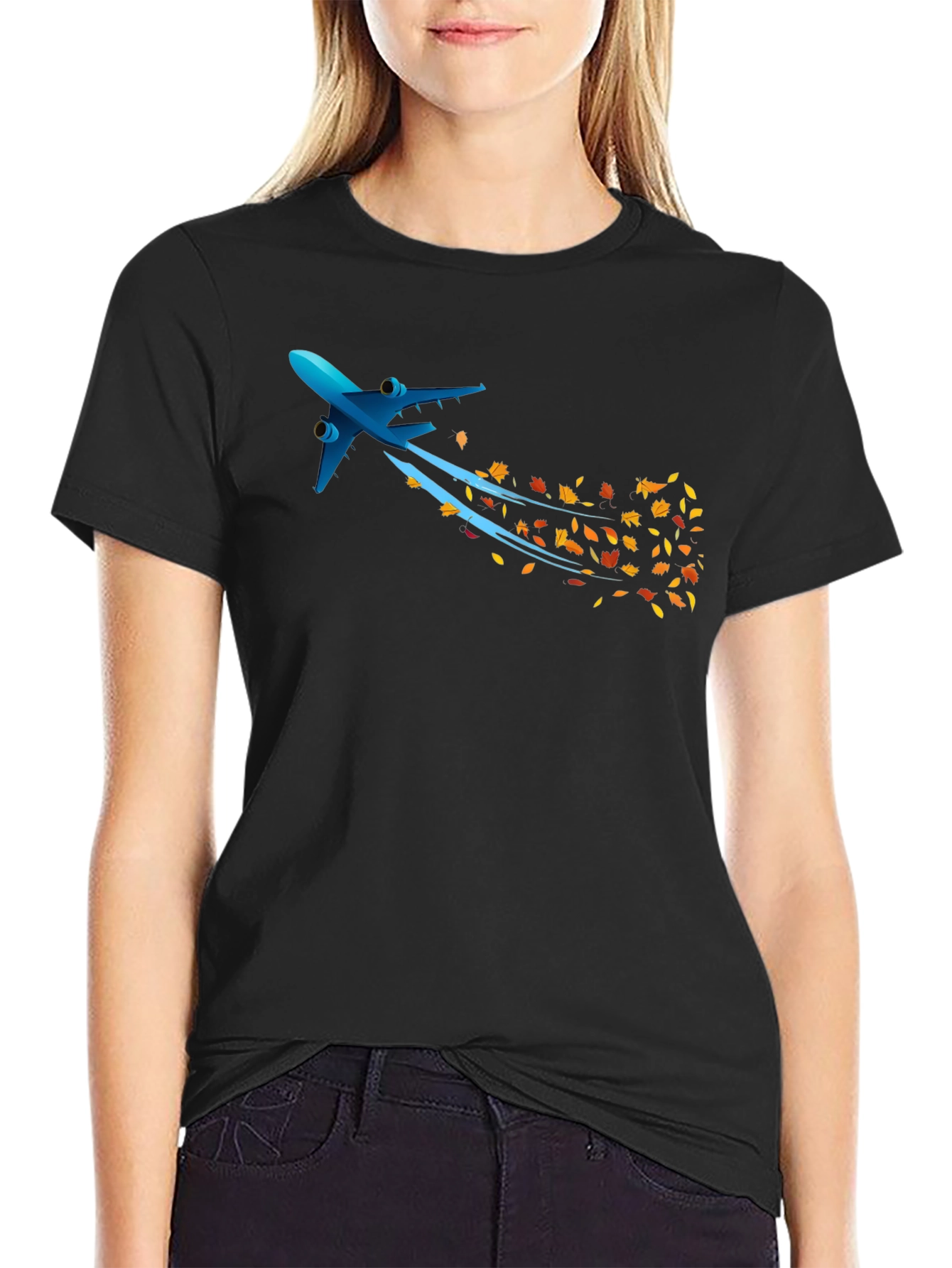 Airplane & Autumn Leaves Graphic Black T-Shirt