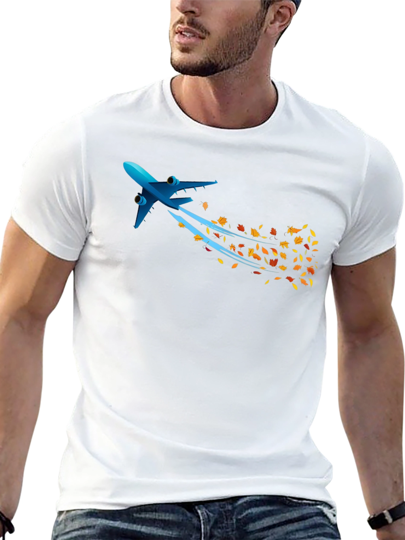 Airplane & Autumn Leaves Graphic Black T-Shirt