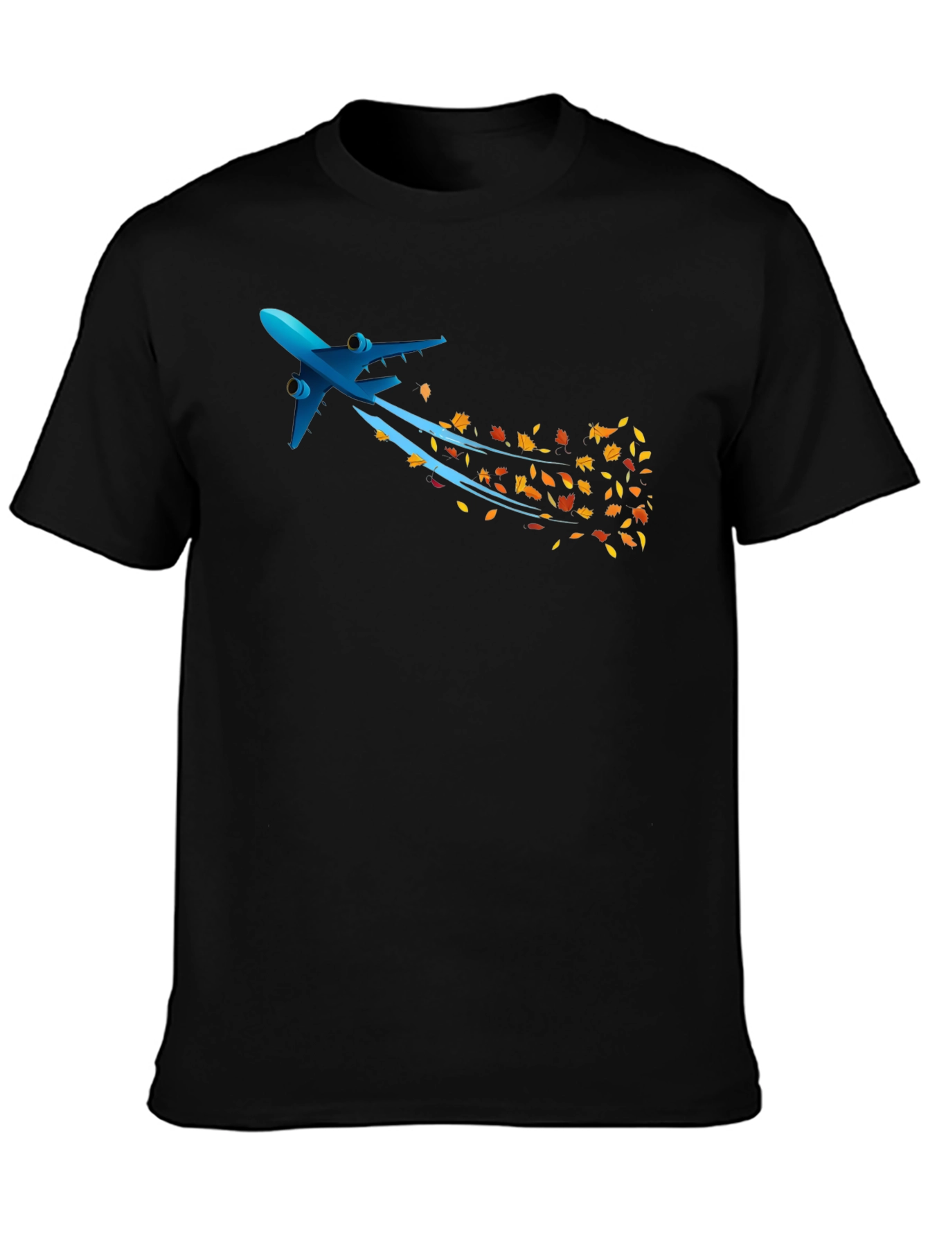 Airplane & Autumn Leaves Graphic Black T-Shirt