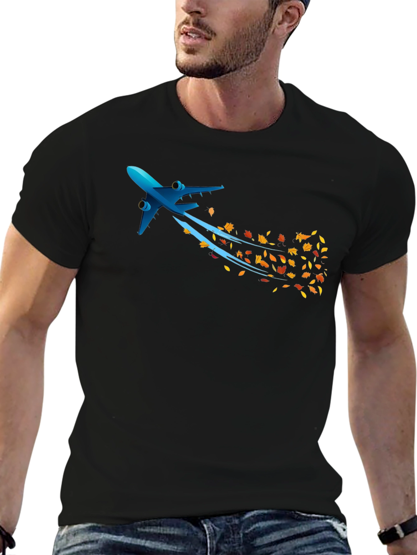 Airplane & Autumn Leaves Graphic Black T-Shirt