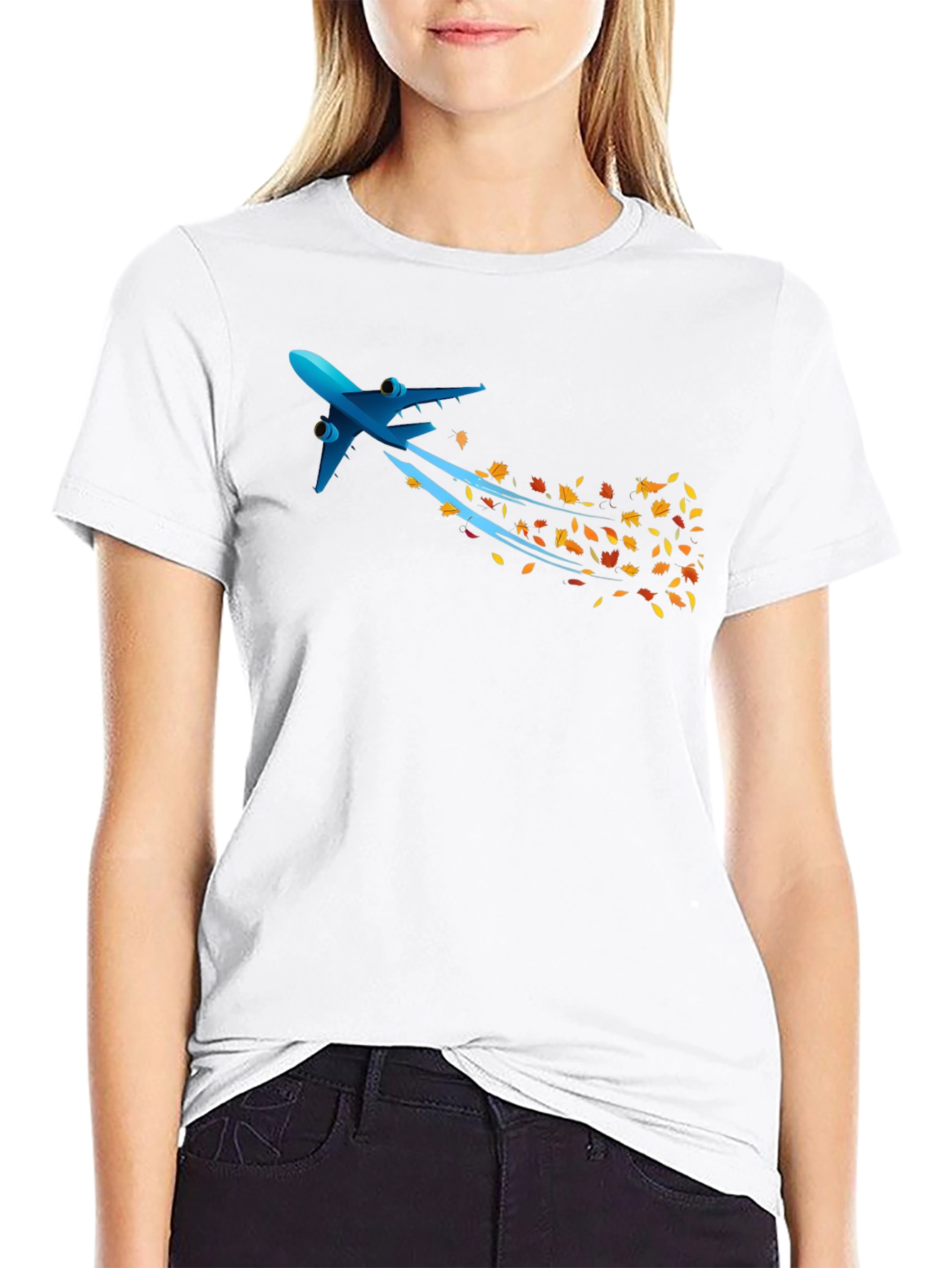Airplane & Autumn Leaves Graphic Black T-Shirt