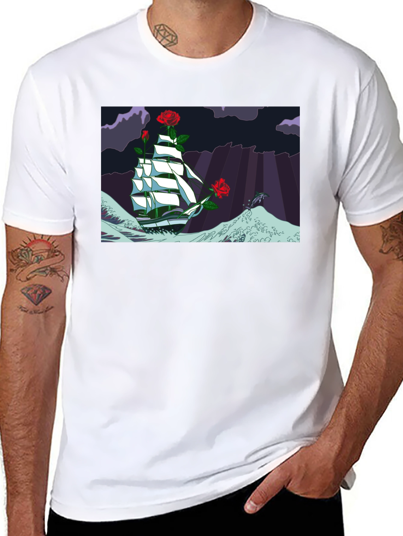 Nautical Rose Ship Graphic Black T-Shirt