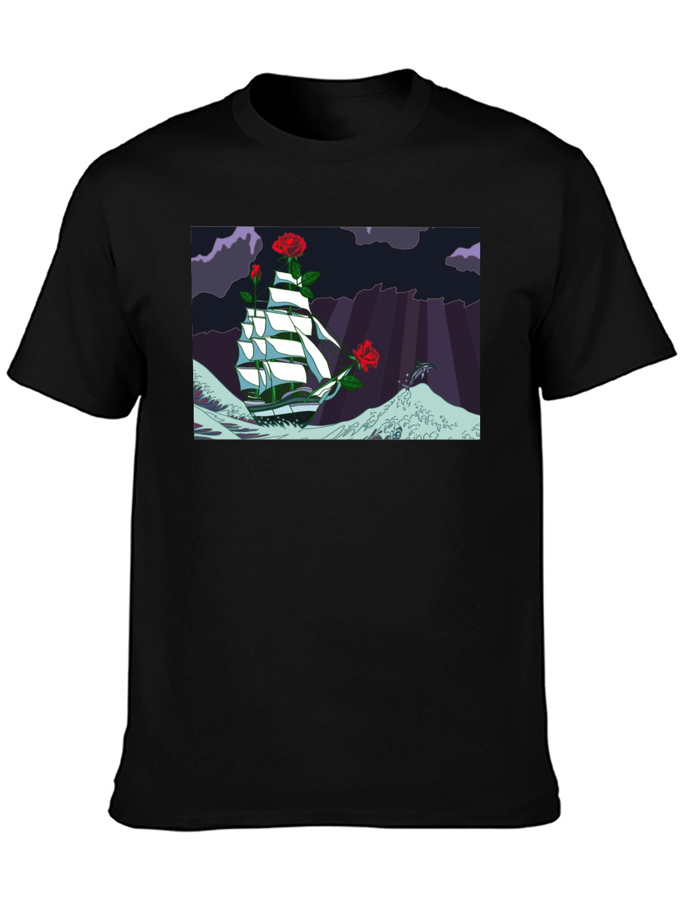 Nautical Rose Ship Graphic Black T-Shirt