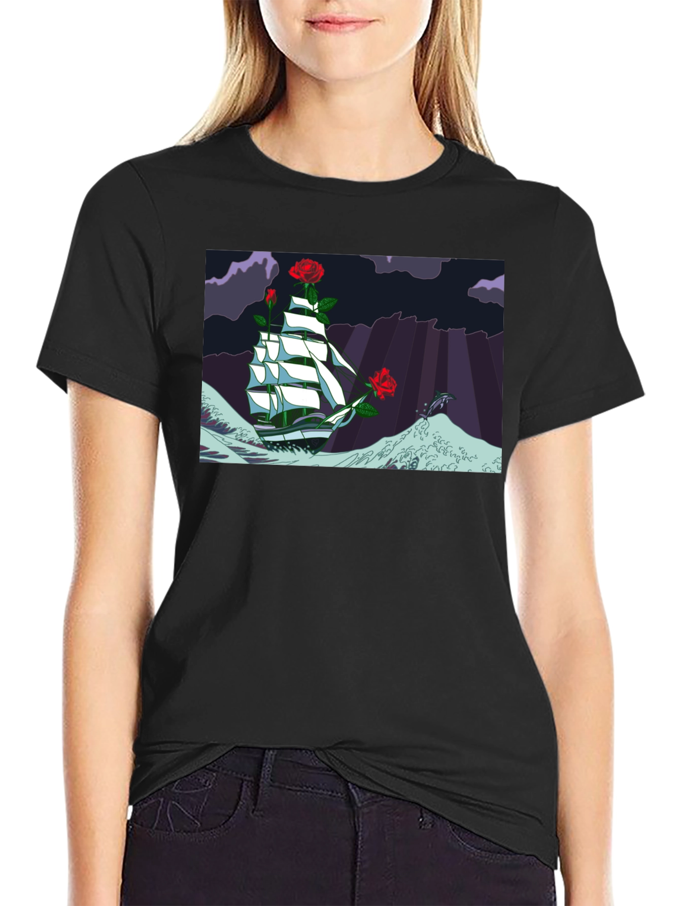 Nautical Rose Ship Graphic Black T-Shirt