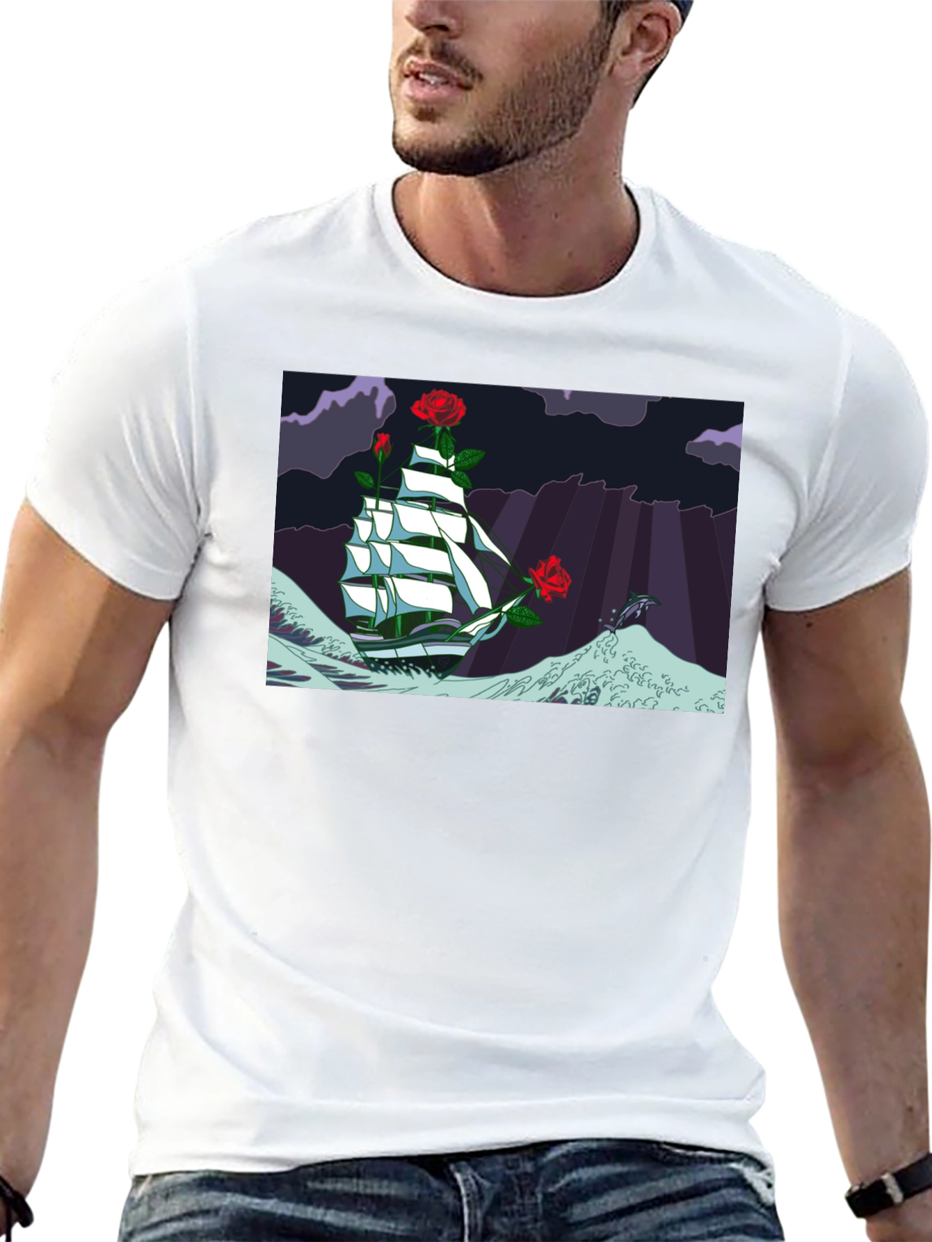 Nautical Rose Ship Graphic Black T-Shirt