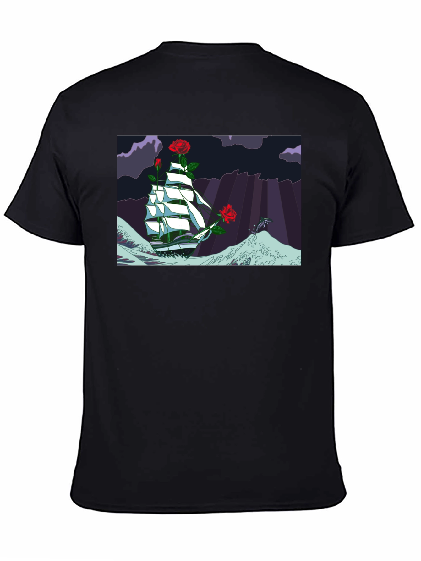 Nautical Rose Ship Graphic Black T-Shirt