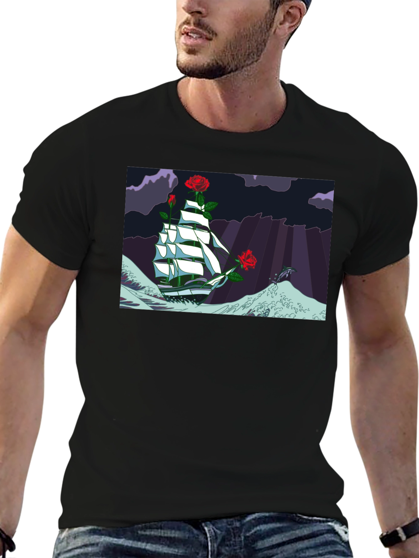 Nautical Rose Ship Graphic Black T-Shirt