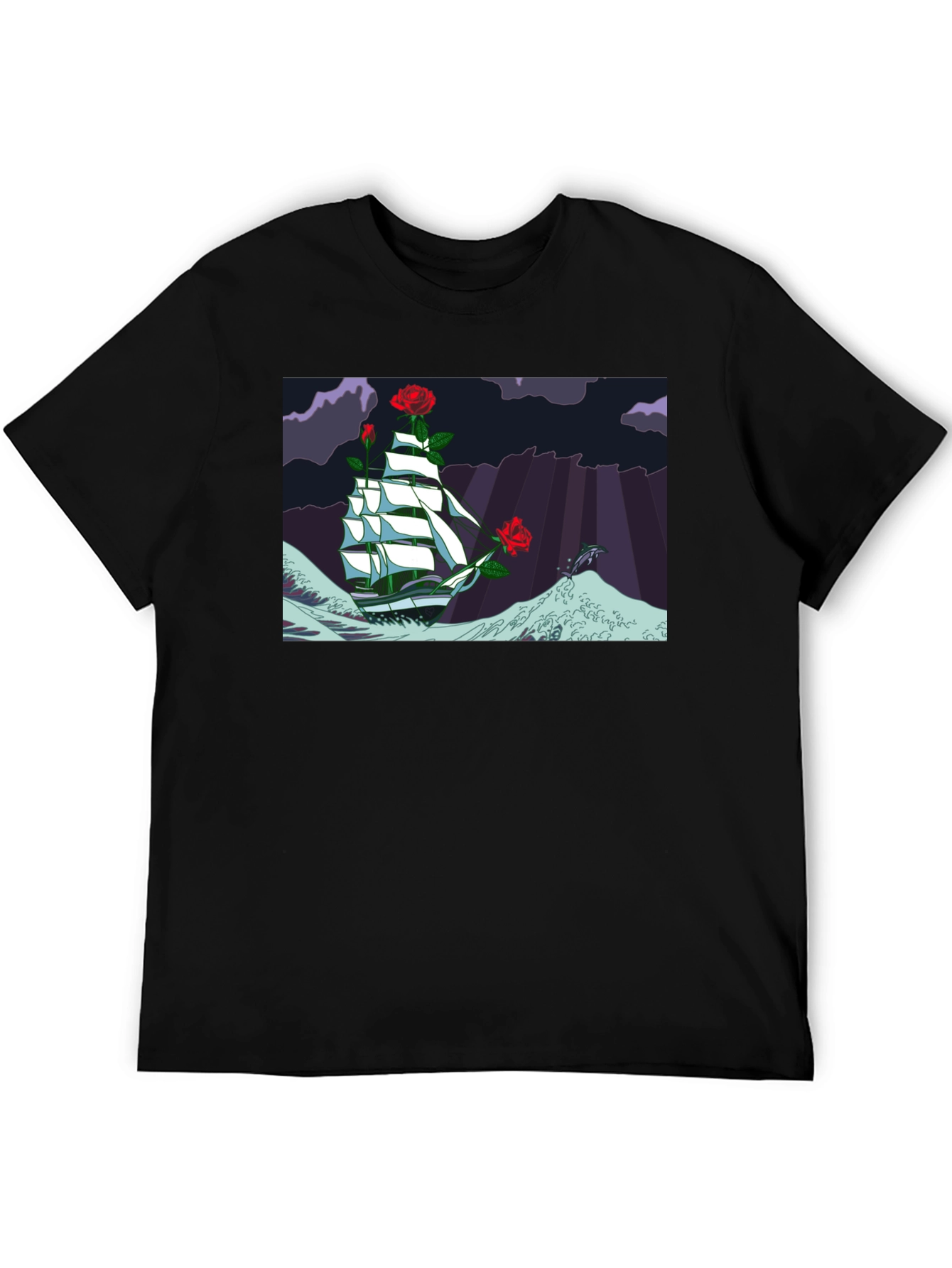 Nautical Rose Ship Graphic Black T-Shirt