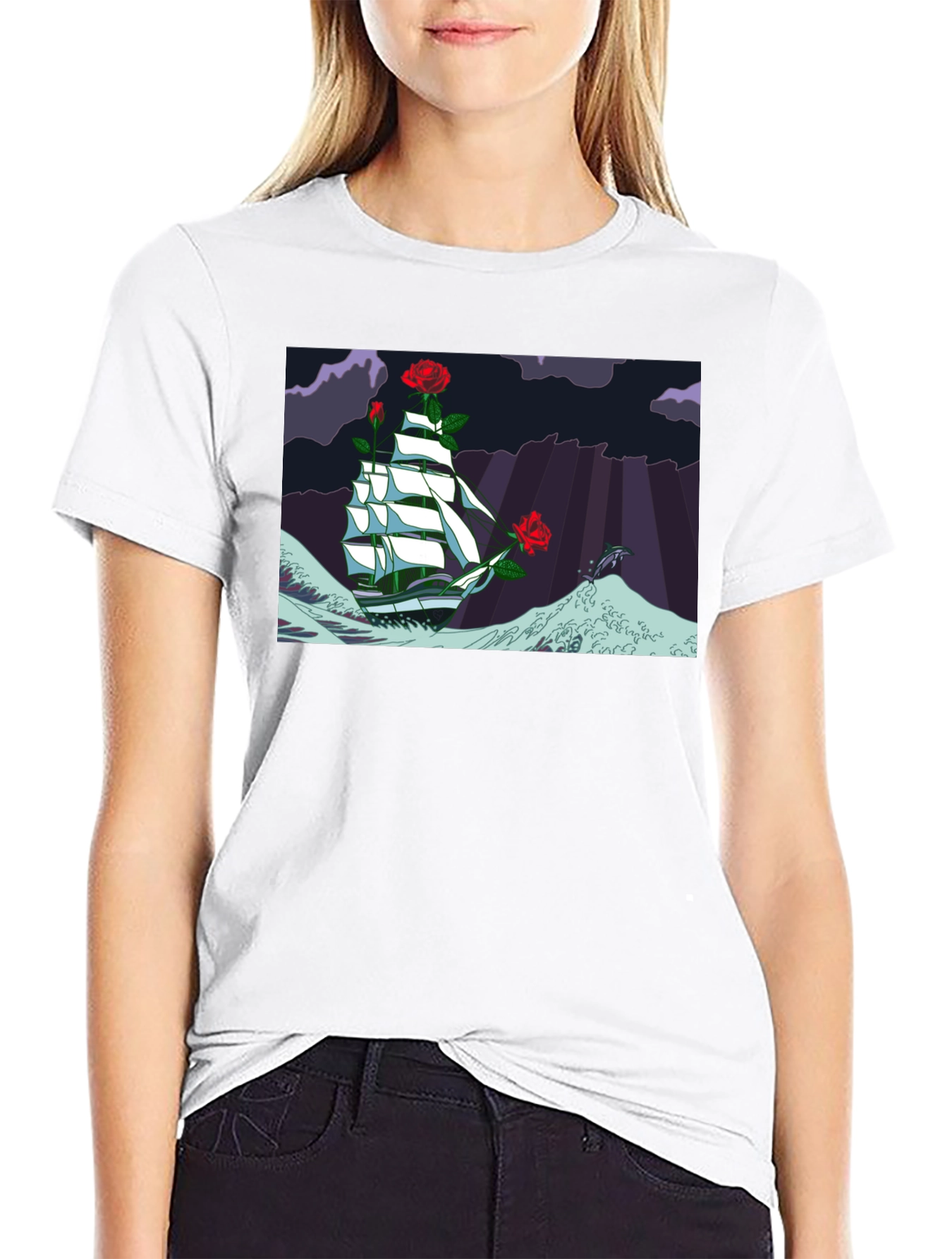 Nautical Rose Ship Graphic Black T-Shirt