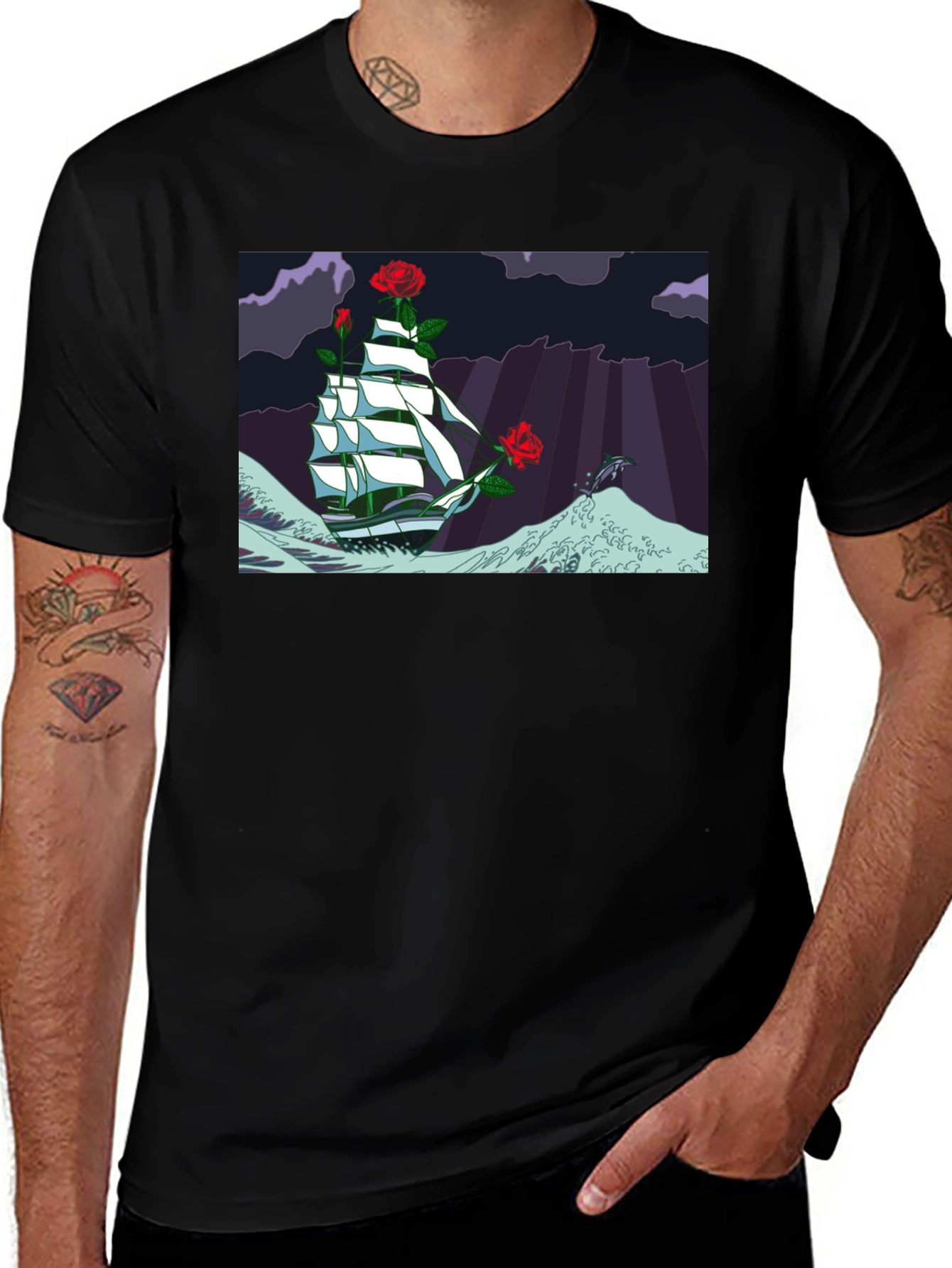 Nautical Rose Ship Graphic Black T-Shirt