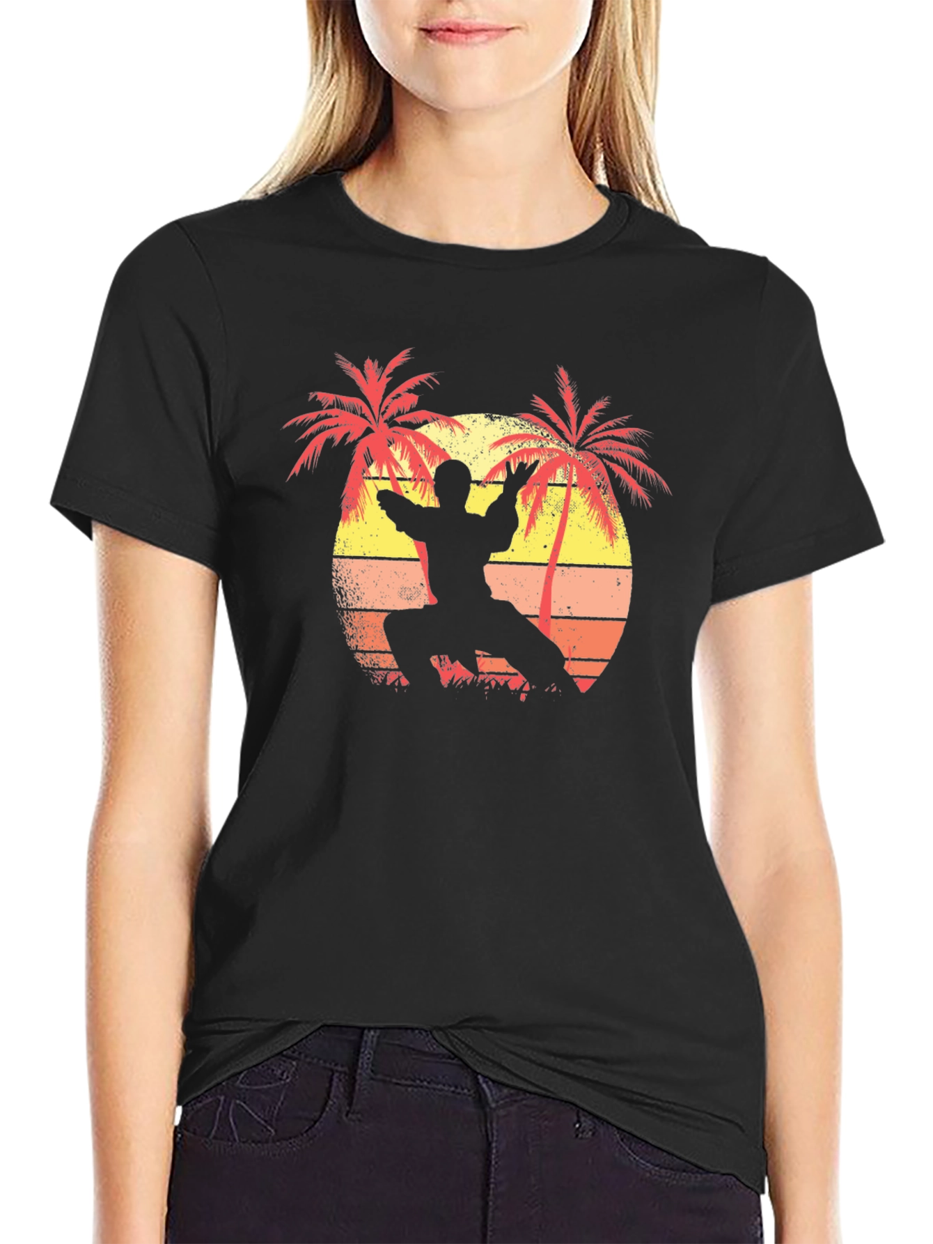 Martial Arts Palm Tree Sunset Black T-Shirt