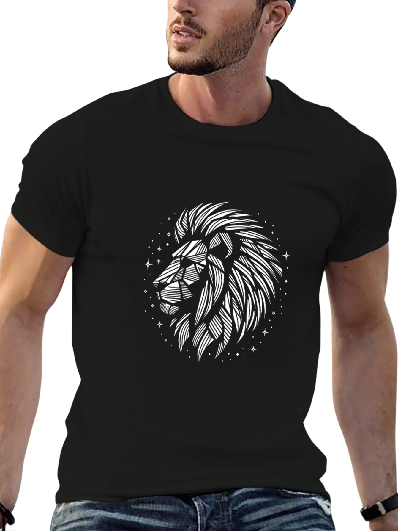Geometric Lion Graphic Print Black T-Shirt