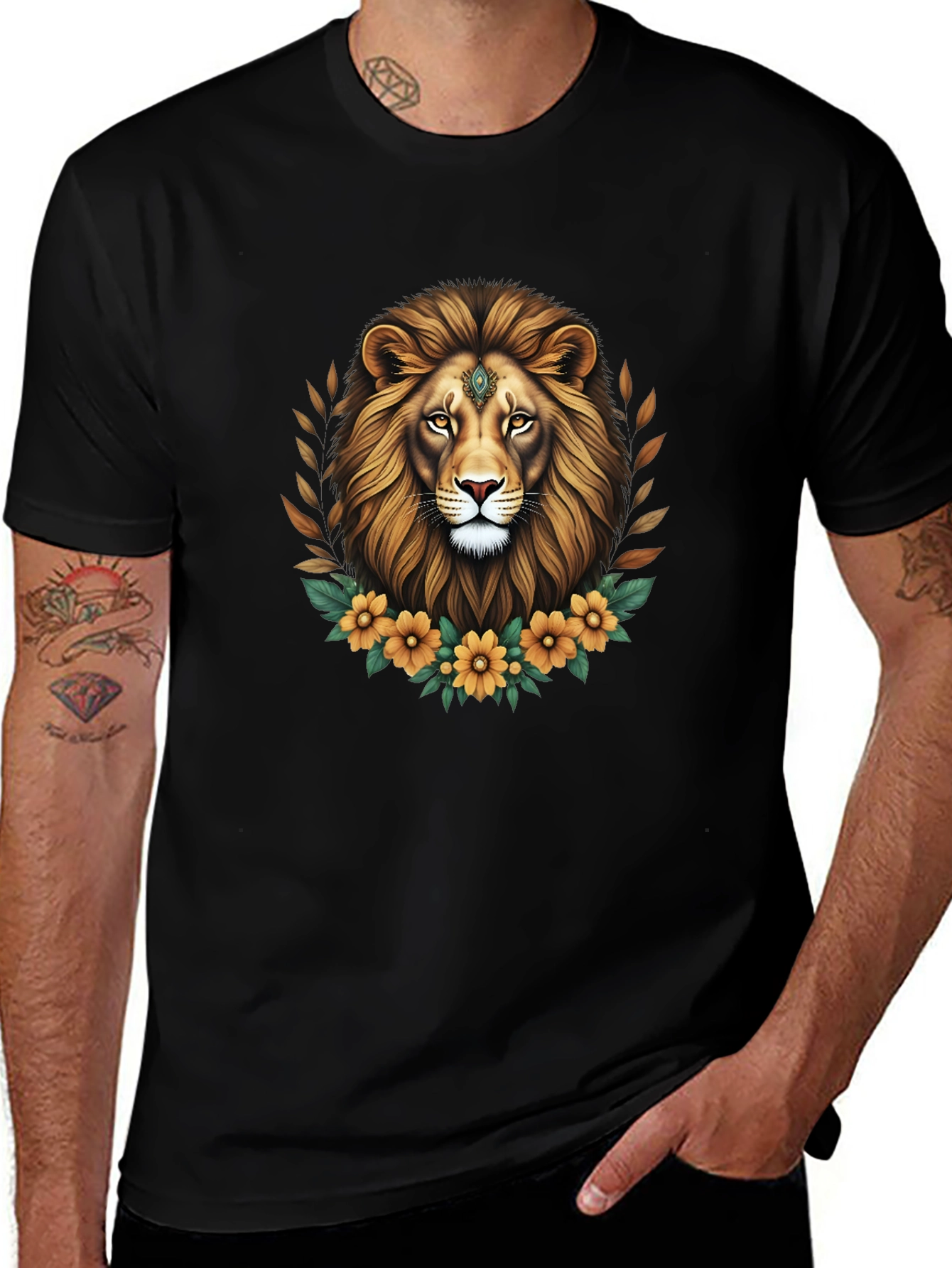 Lion Floral Graphic Tee - Black Unisex
