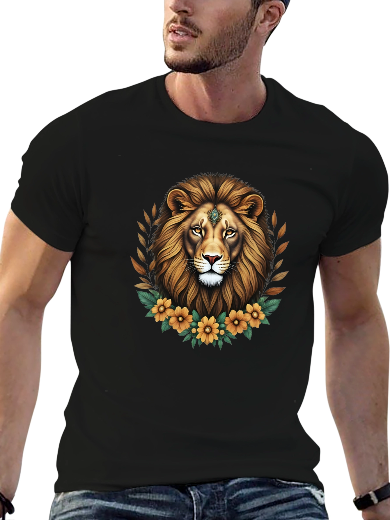 Lion Floral Graphic Tee - Black Unisex