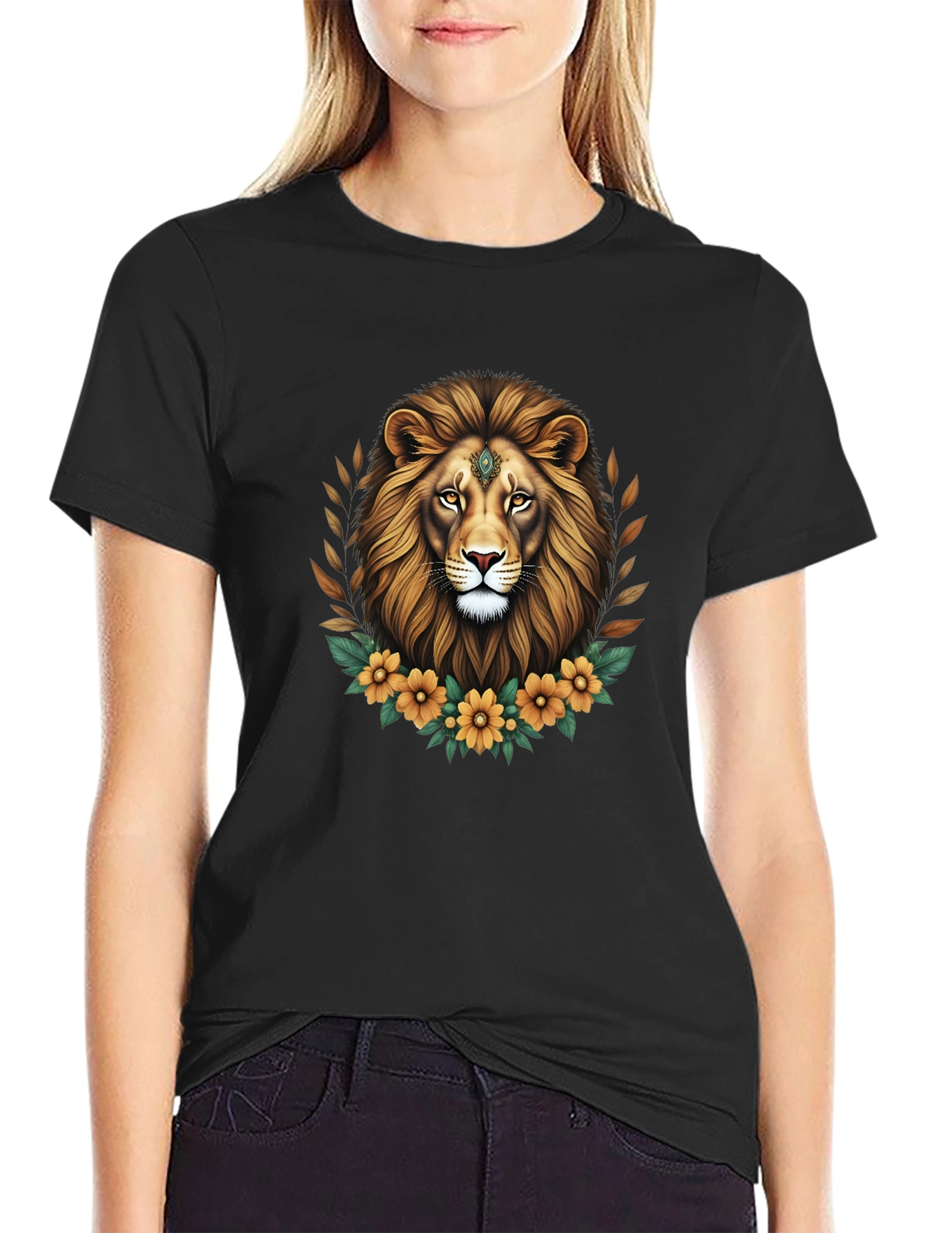 Lion Floral Graphic Tee - Black Unisex