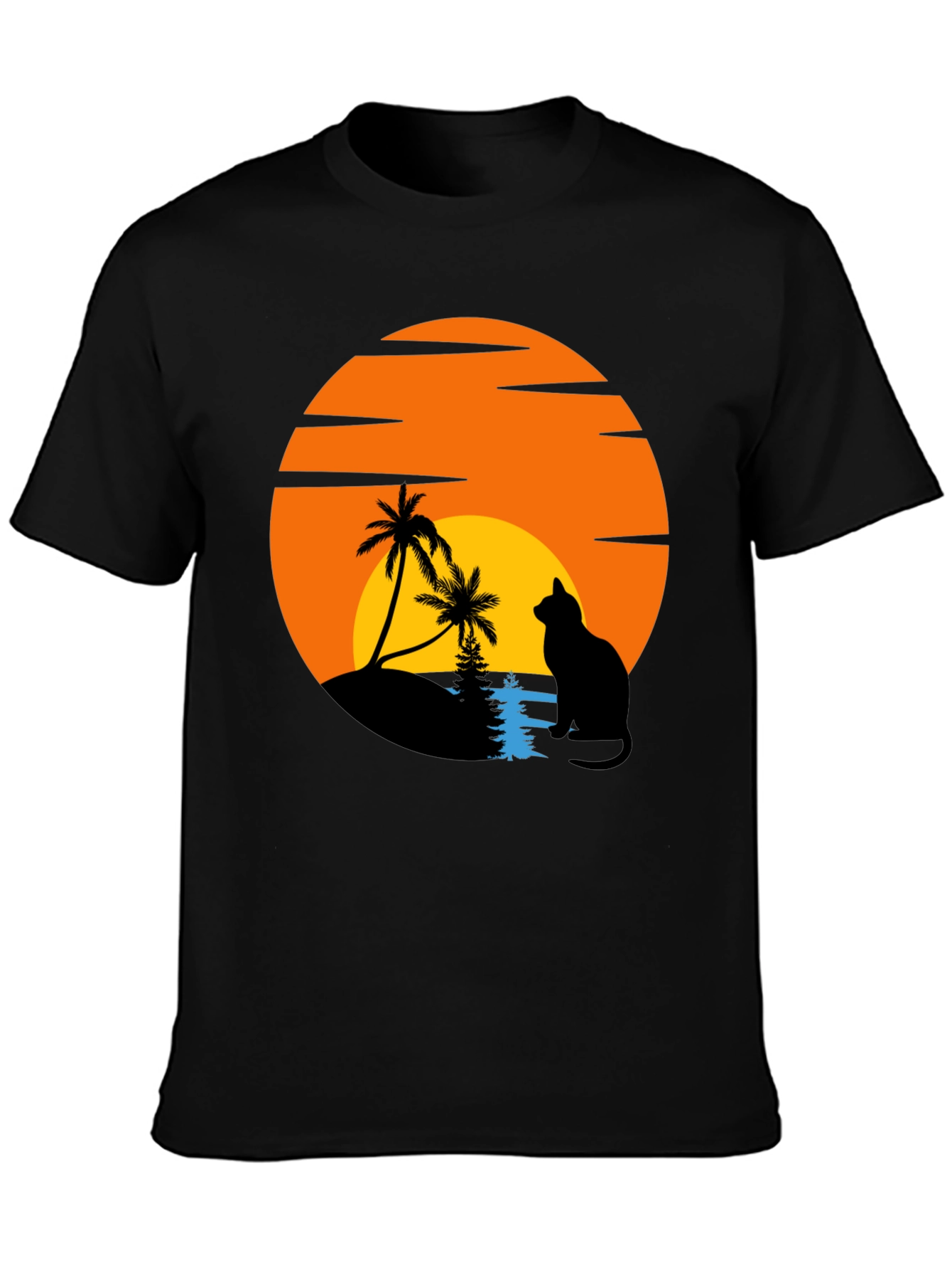 Sunset Cat Palm Tree Graphic T-Shirt