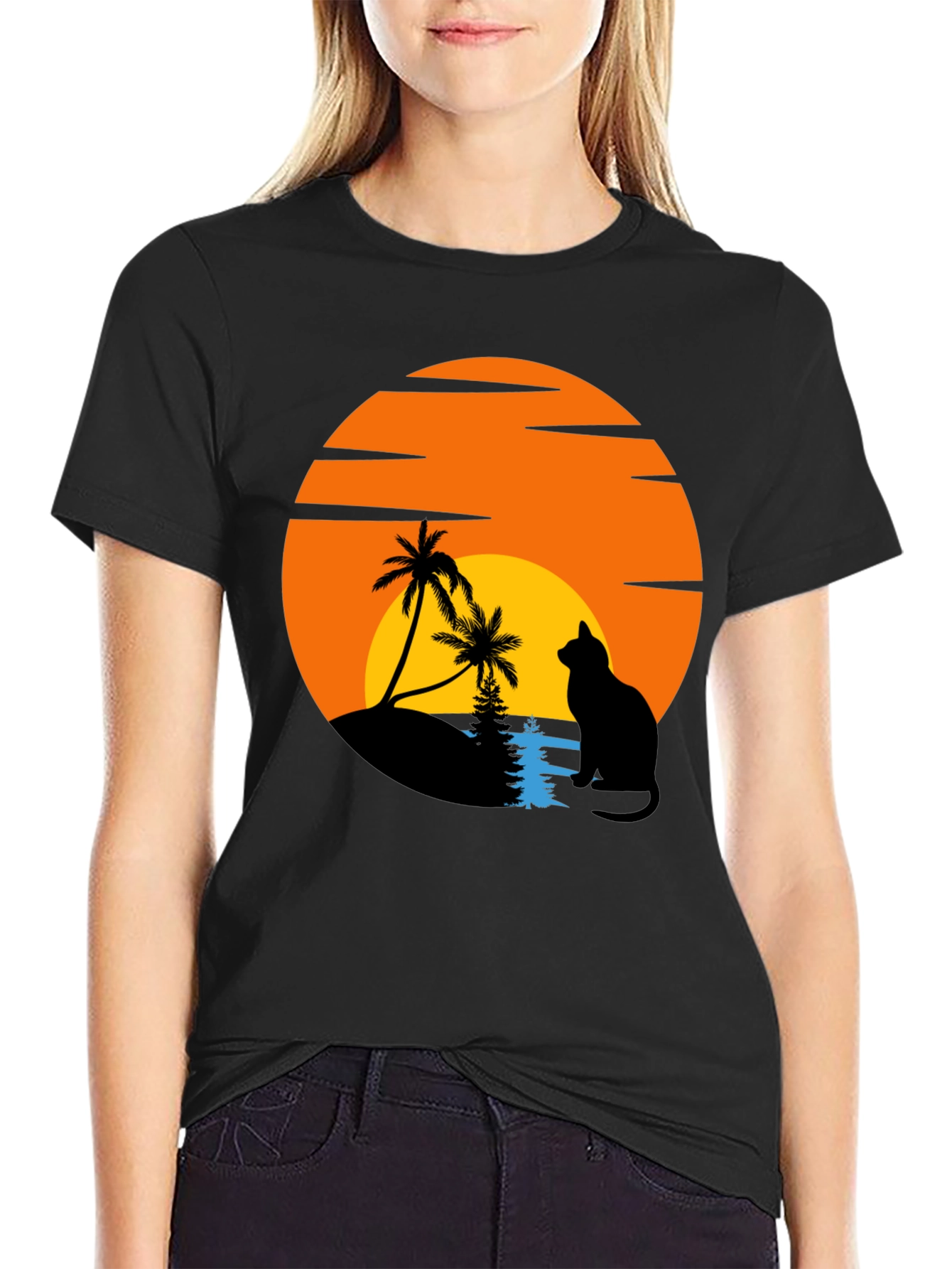 Sunset Cat Palm Tree Graphic T-Shirt