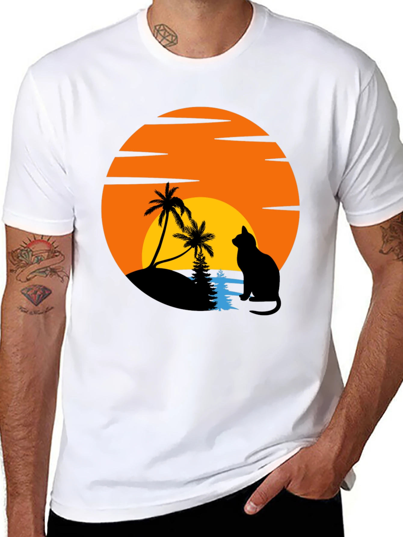 Sunset Cat Palm Tree Graphic T-Shirt