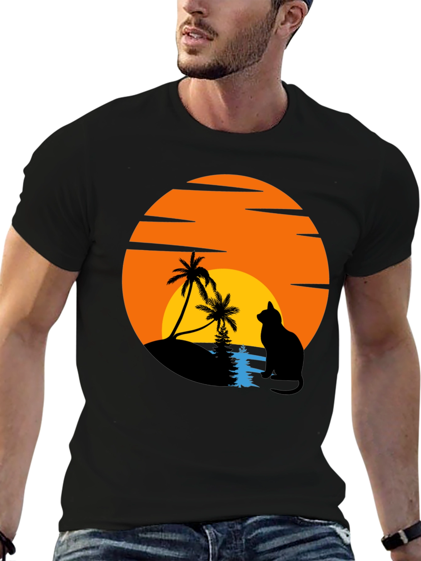 Sunset Cat Palm Tree Graphic T-Shirt