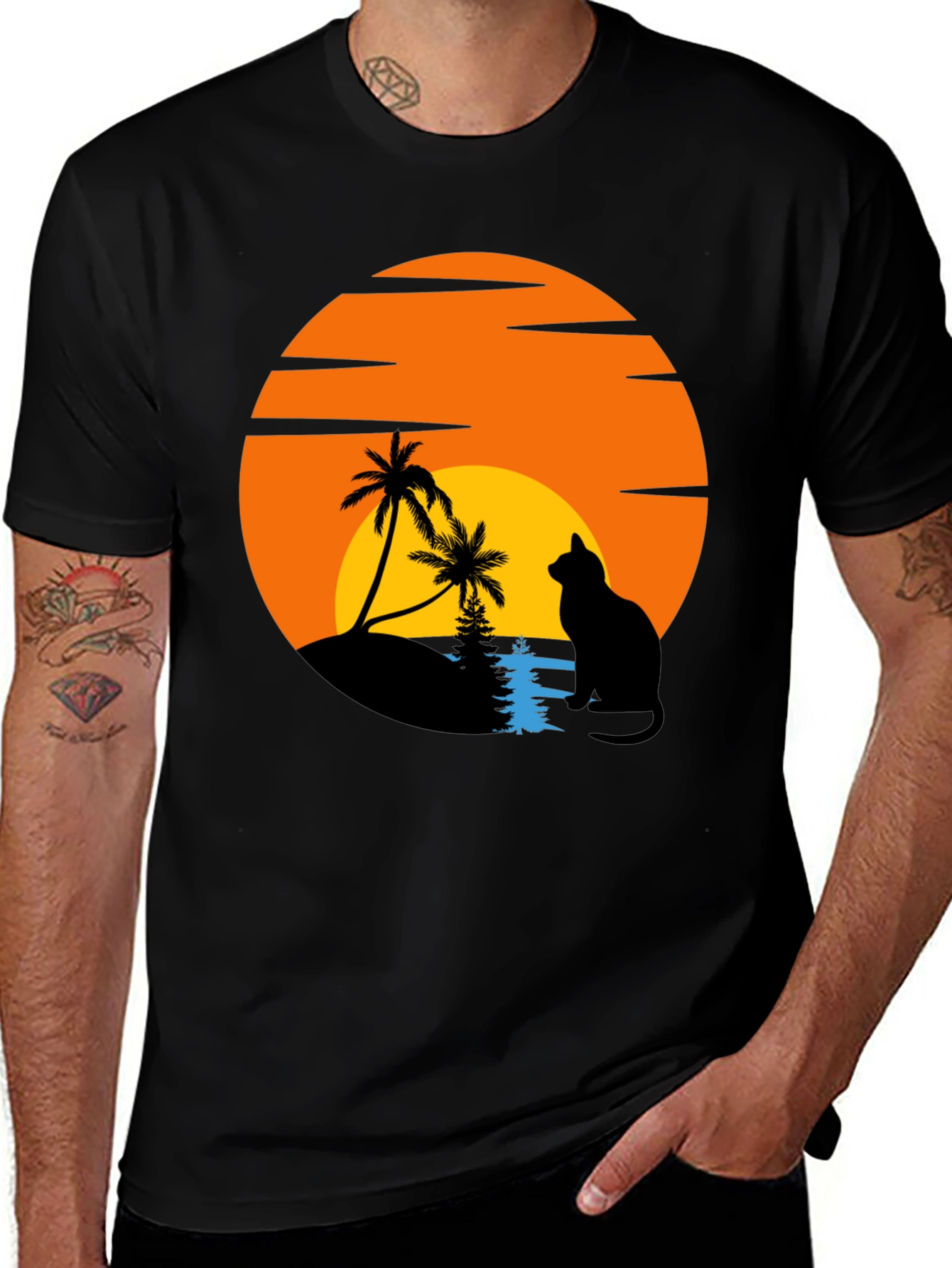 Sunset Cat Palm Tree Graphic T-Shirt
