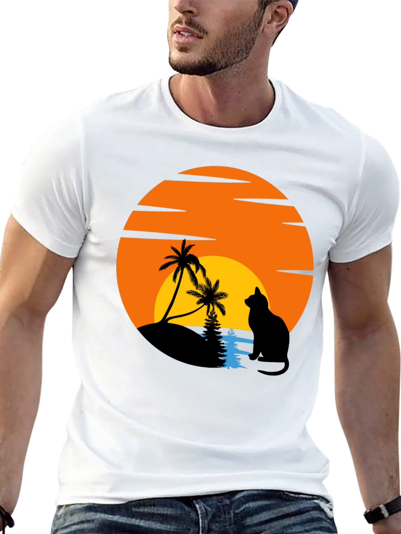 Sunset Cat Palm Tree Graphic T-Shirt