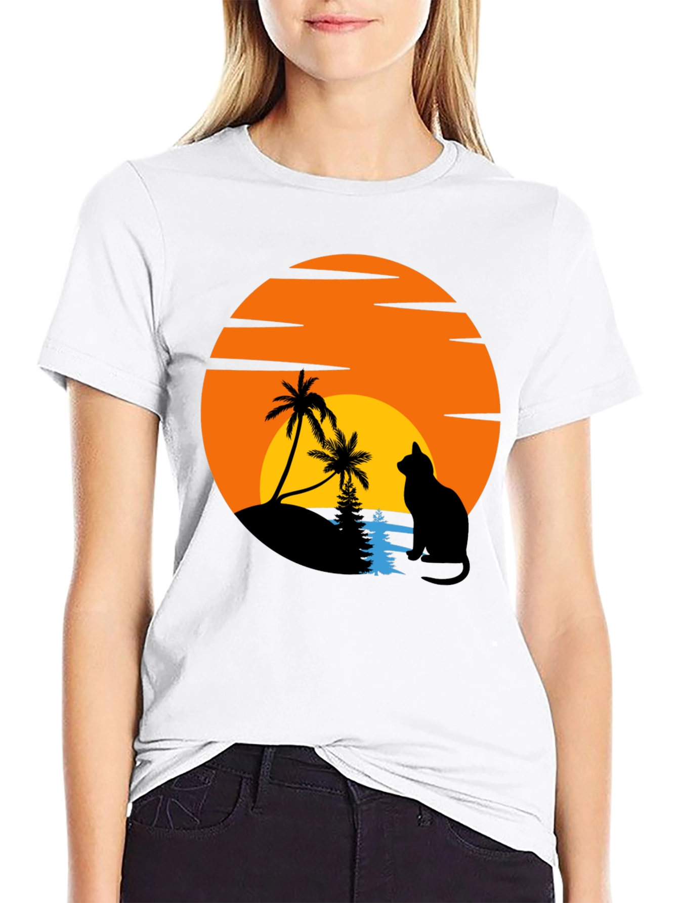 Sunset Cat Palm Tree Graphic T-Shirt