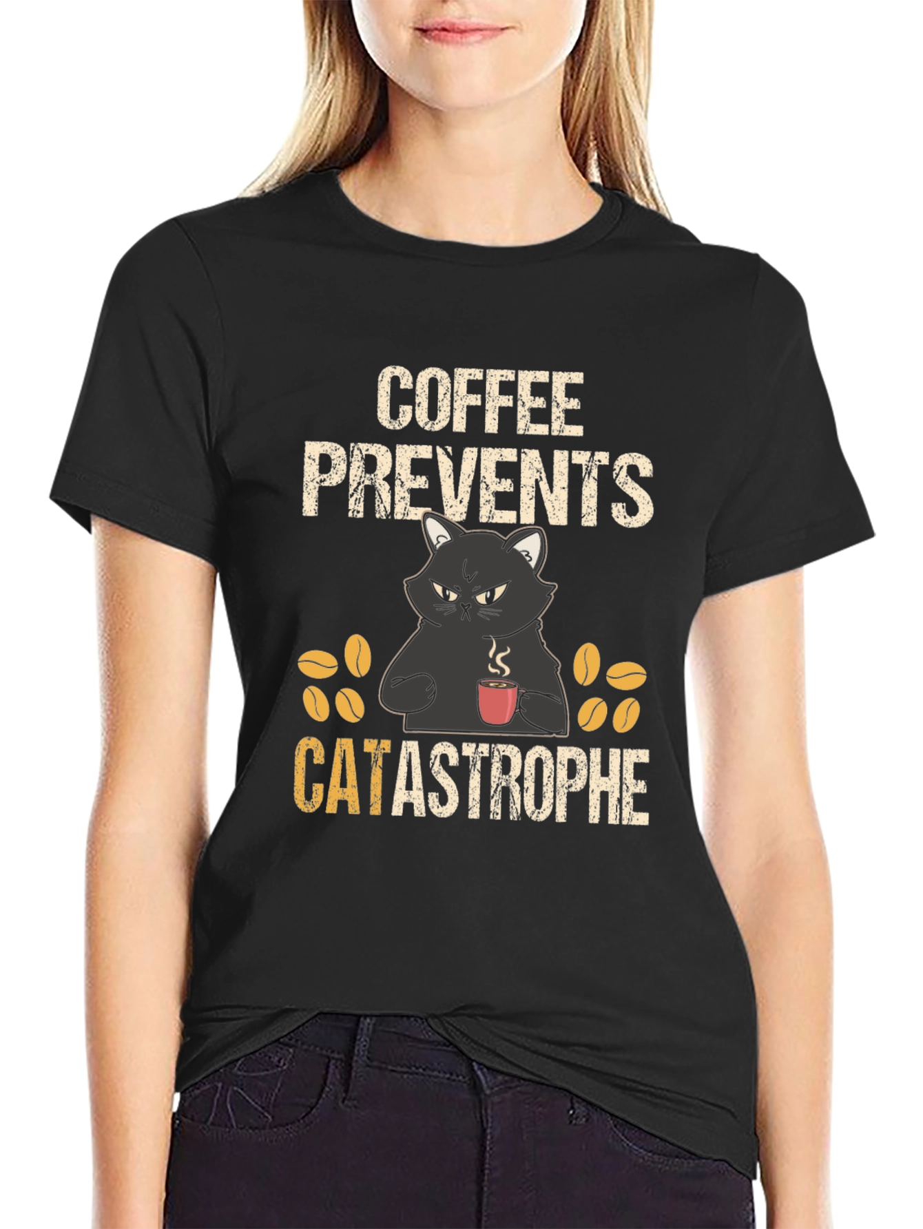 Coffee Prevents Catastrophe T-Shirt - Funny Cat Tee