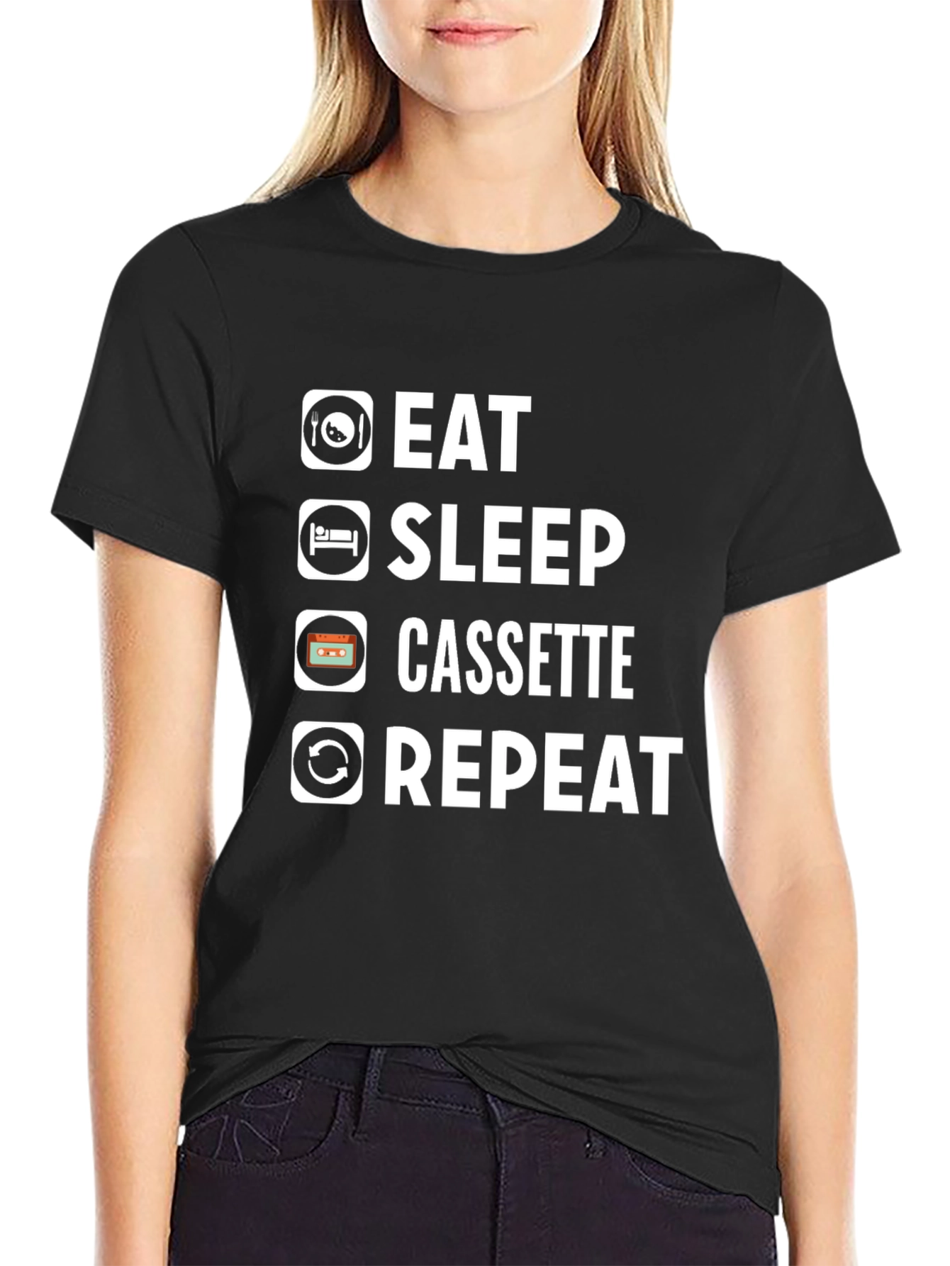 Eat Sleep Cassette Repeat Black T-Shirt
