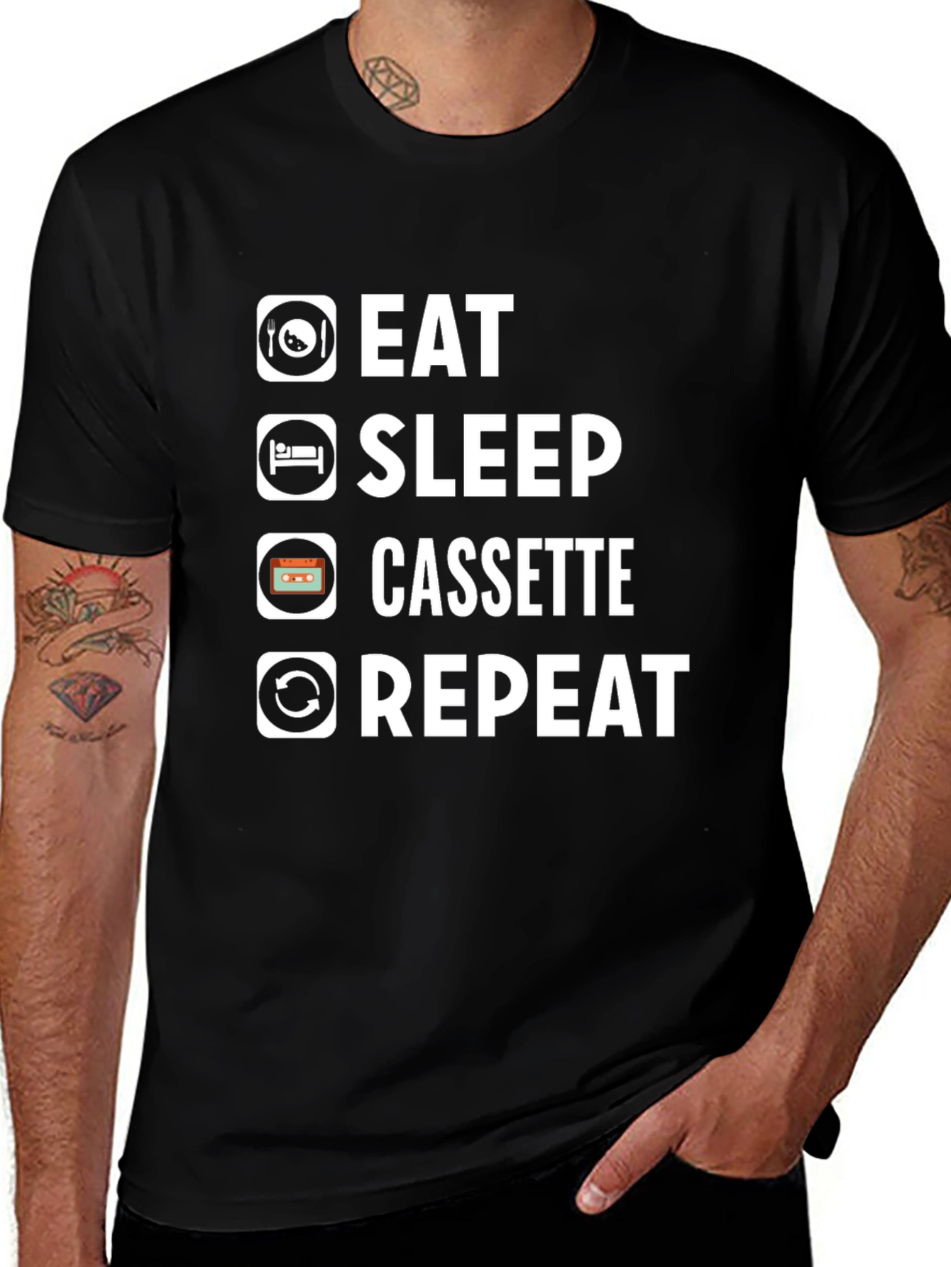 Eat Sleep Cassette Repeat Black T-Shirt