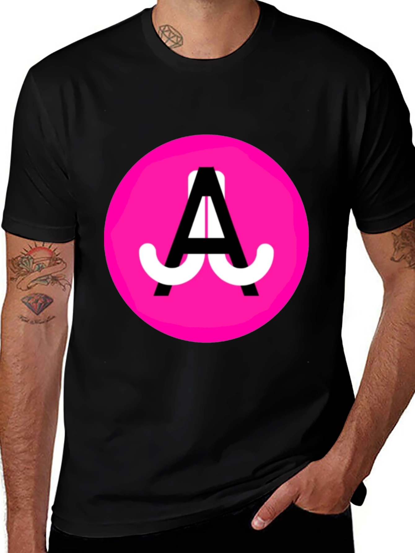Funky Pink Circle Graphic Tee - Black Cotton Blend