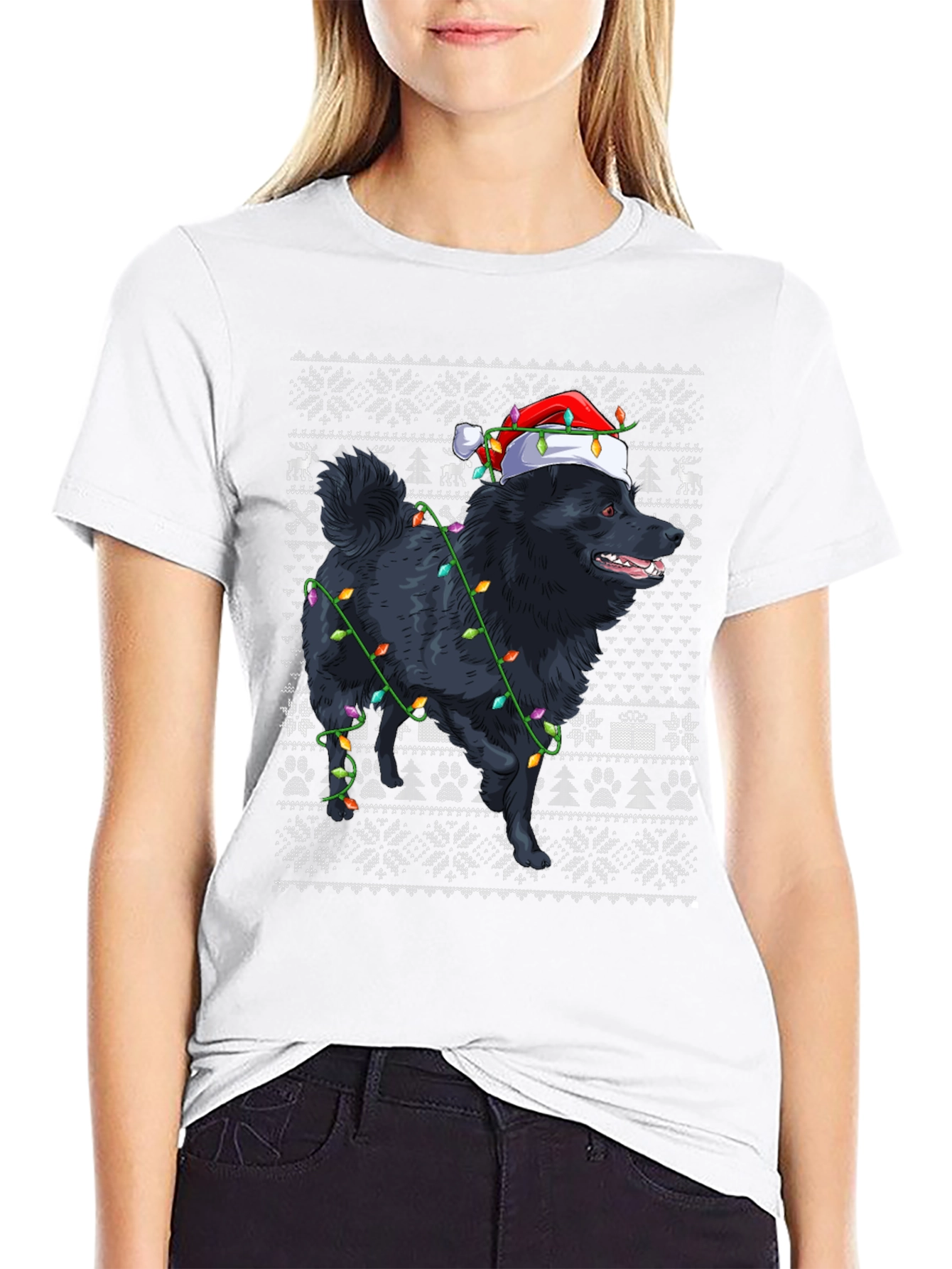 Holiday Dog T-Shirt - Christmas Lights & Santa Hat