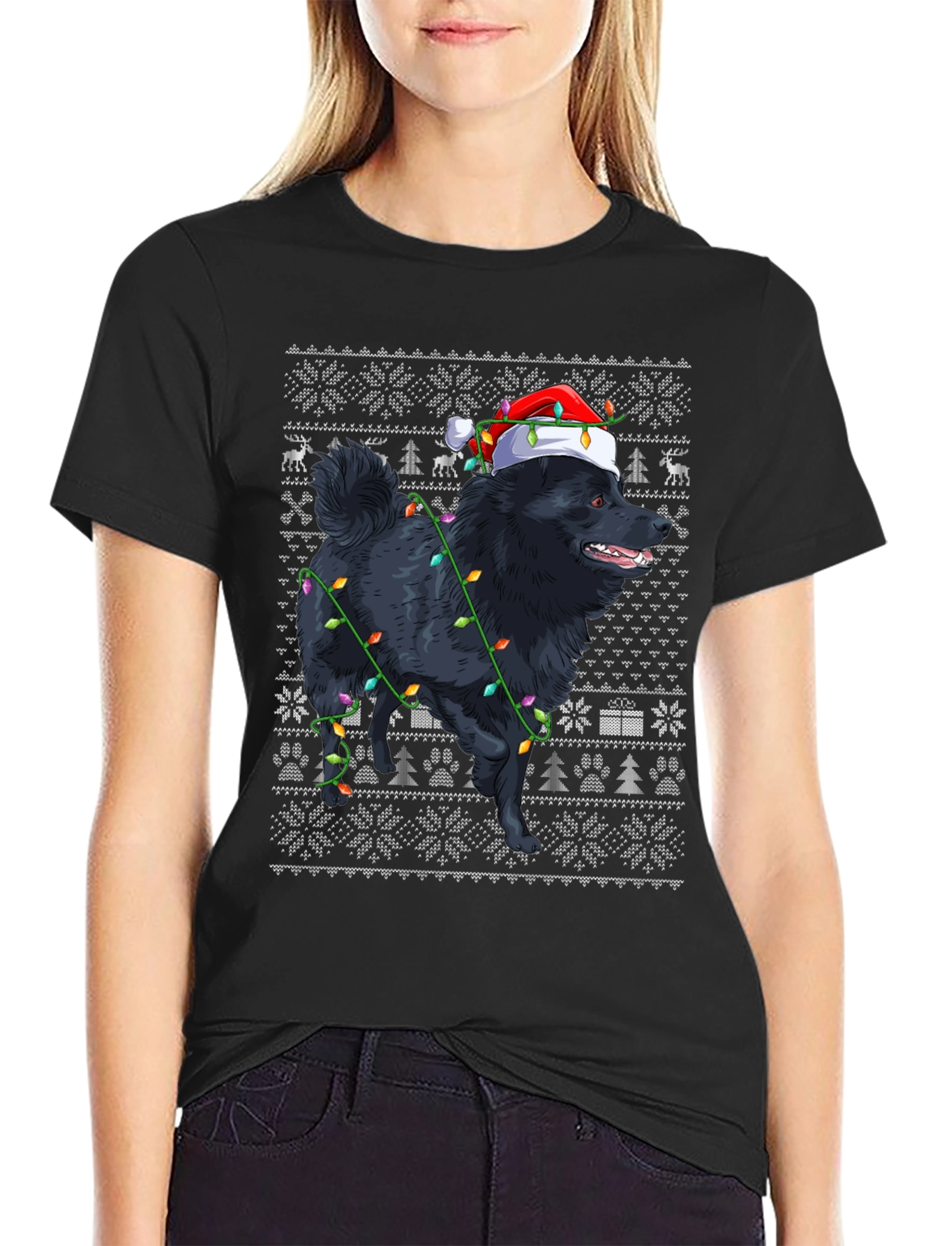 Holiday Dog T-Shirt - Christmas Lights & Santa Hat