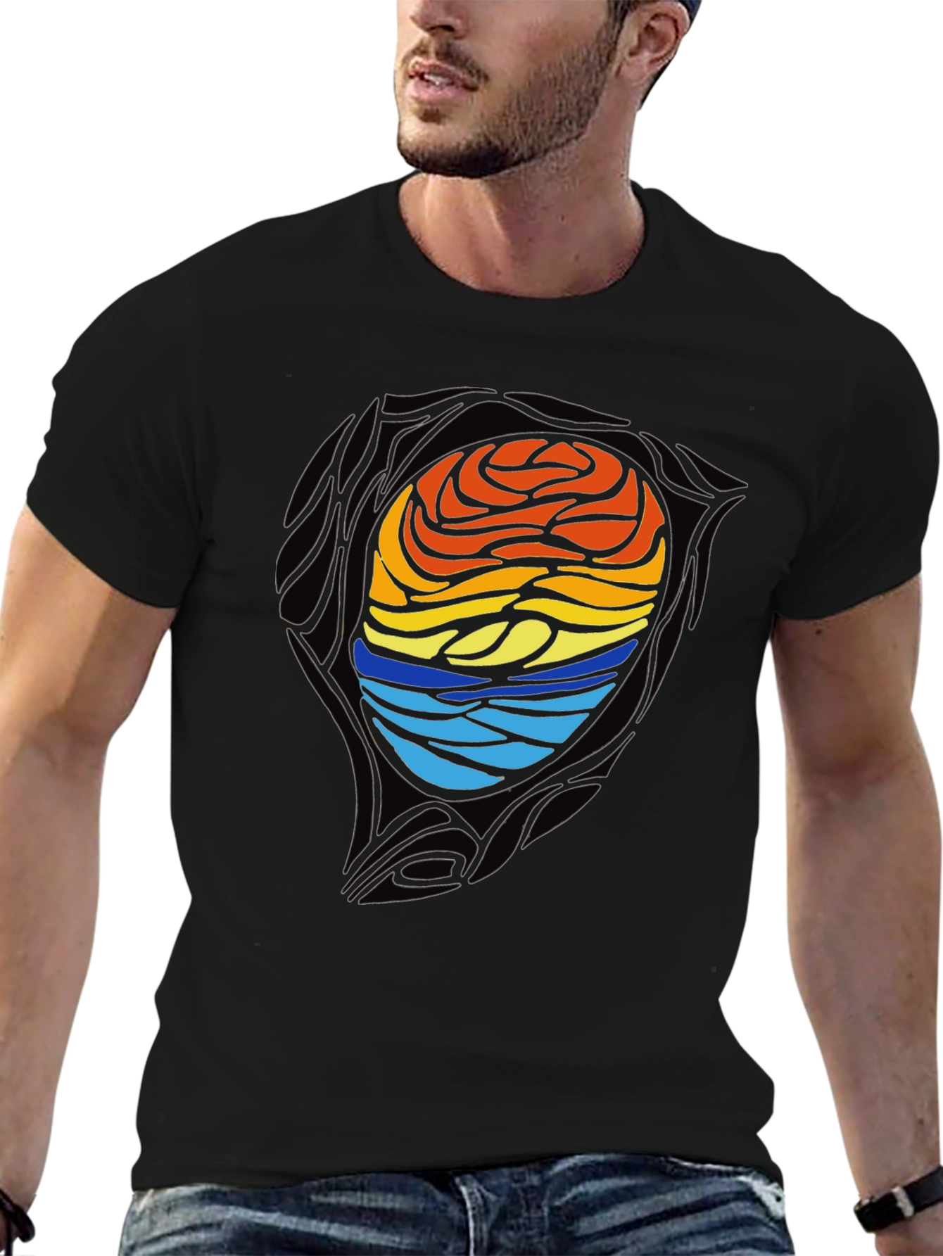 Sunset Waves Graphic Tee - Artistic Black T-Shirt