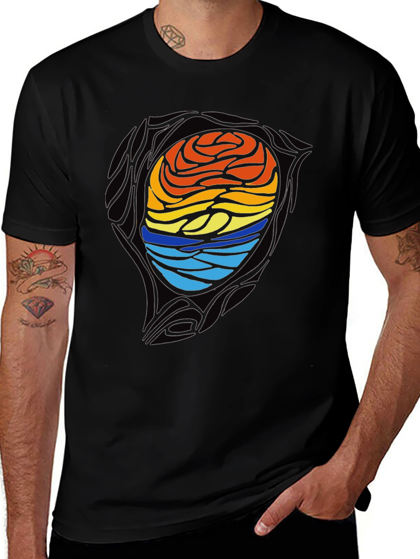 Sunset Waves Graphic Tee - Artistic Black T-Shirt