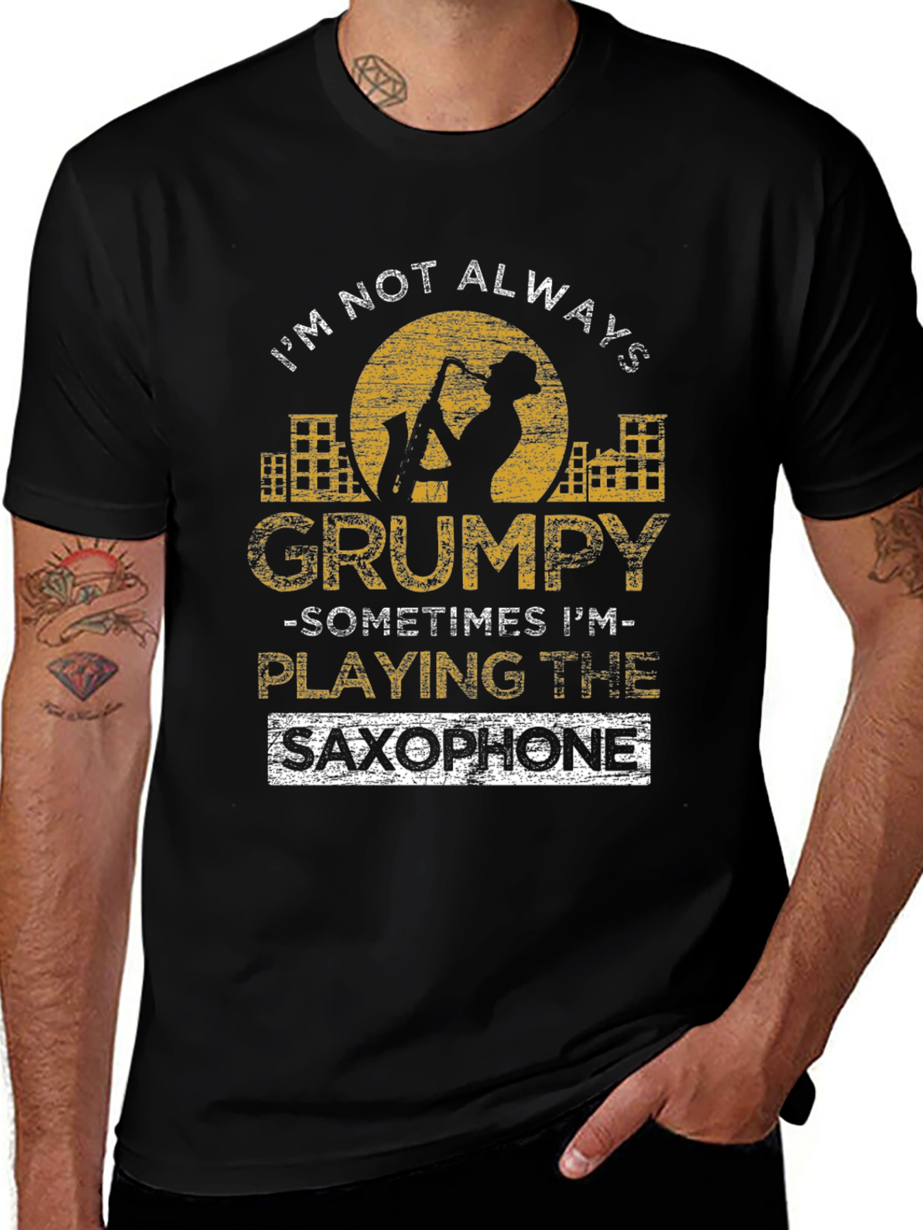 Grumpy Saxophone Player Black Graphic T-Shirt