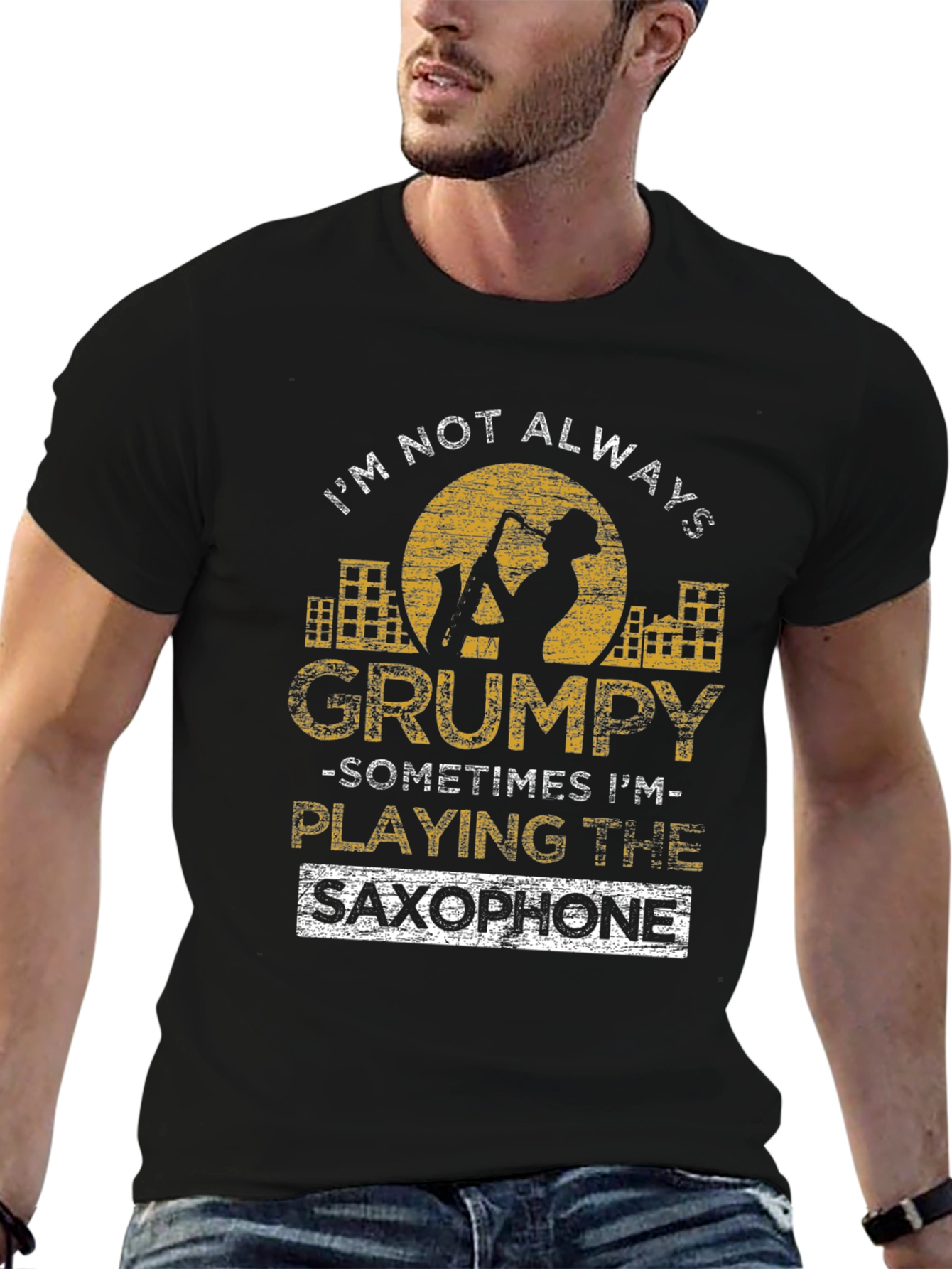 Grumpy Saxophone Player Black Graphic T-Shirt