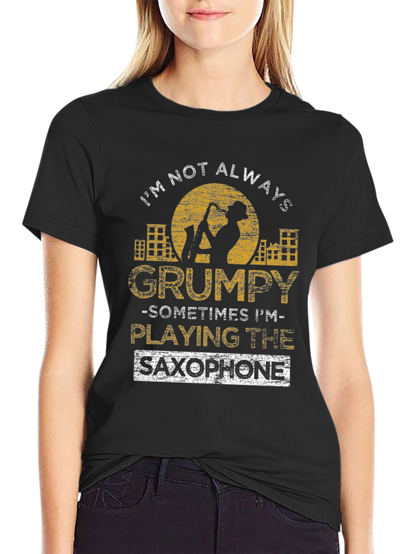 Grumpy Saxophone Player Black Graphic T-Shirt