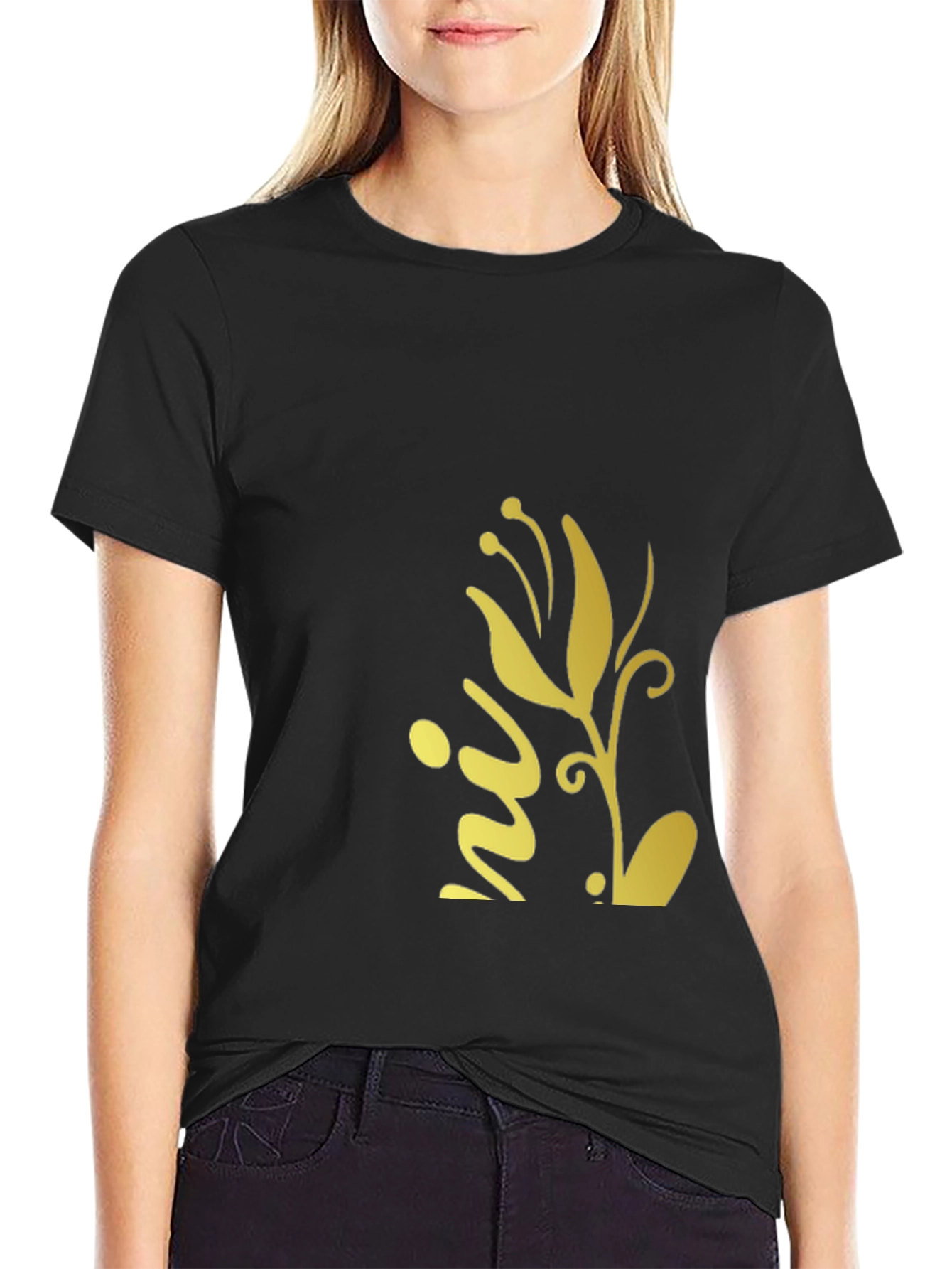 Black T-Shirt with Floral Design