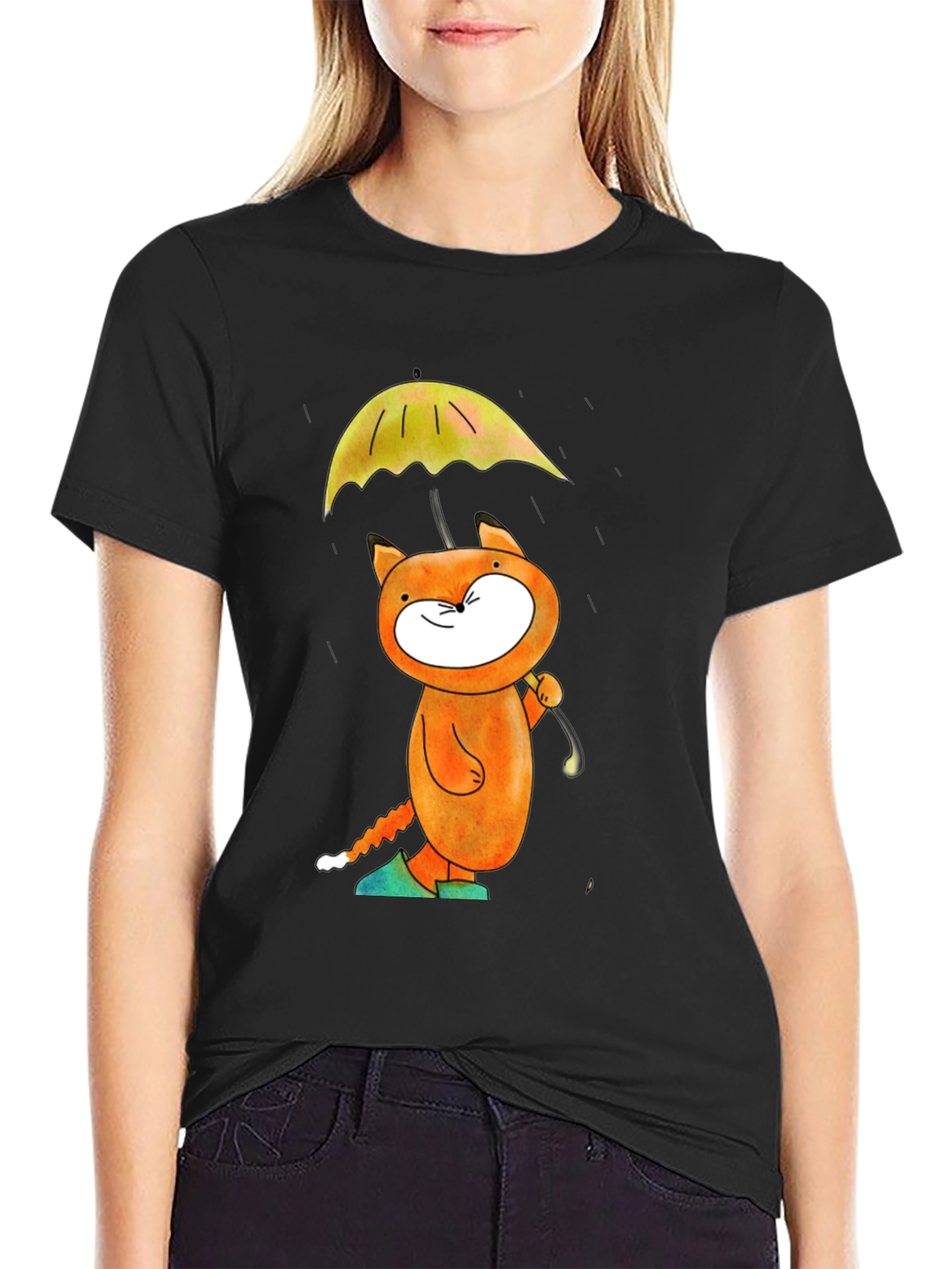 Cat with Umbrella Black T-Shirt