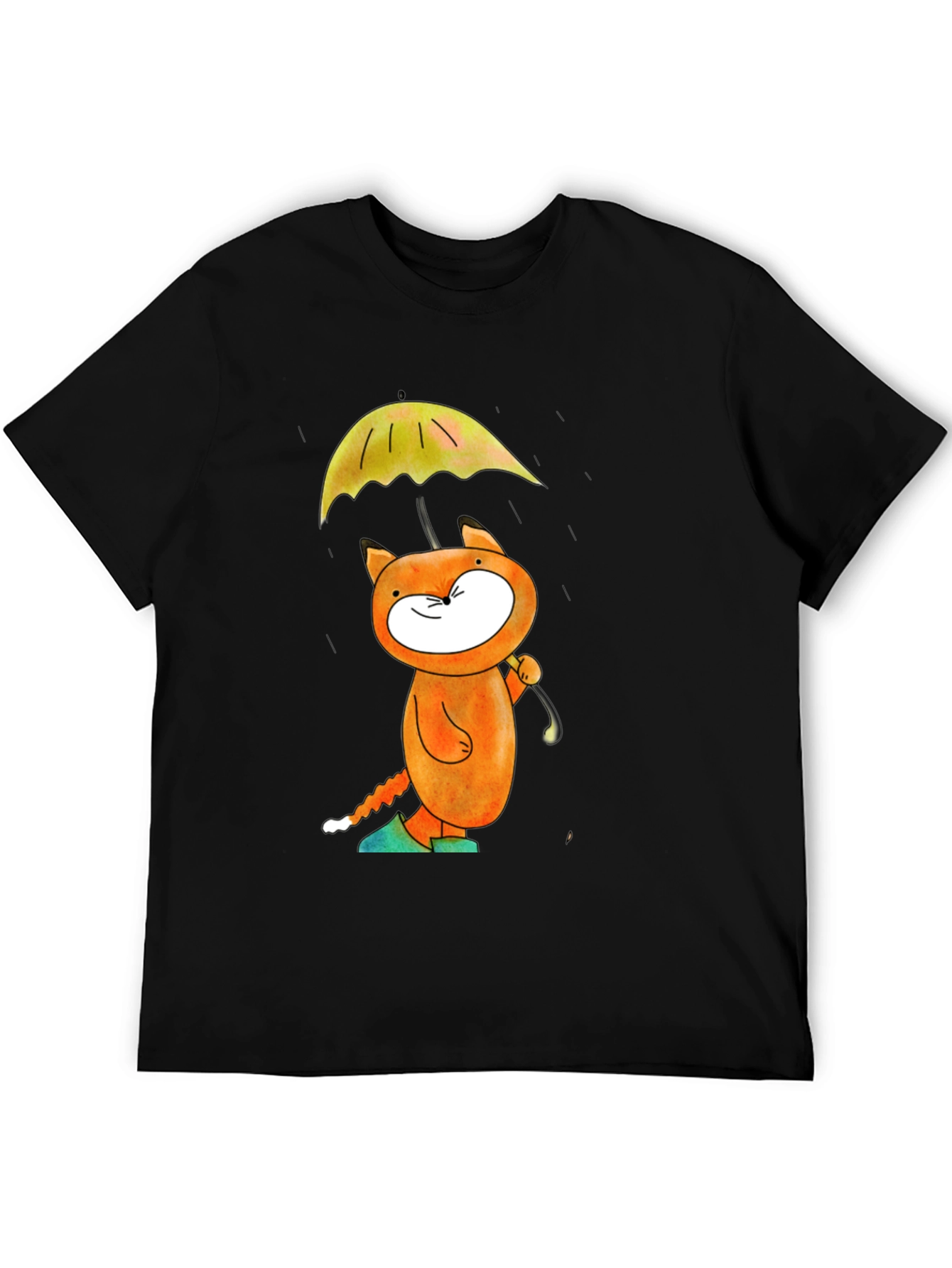Cat with Umbrella Black T-Shirt