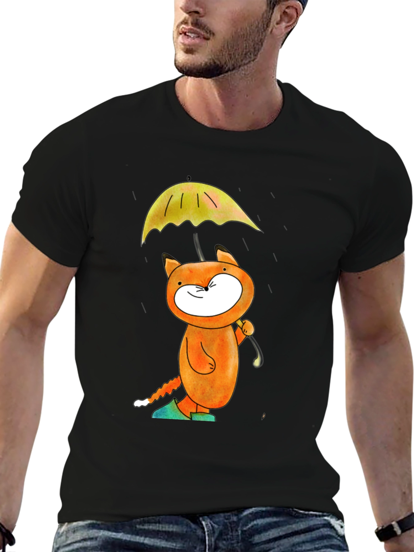 Cat with Umbrella Black T-Shirt
