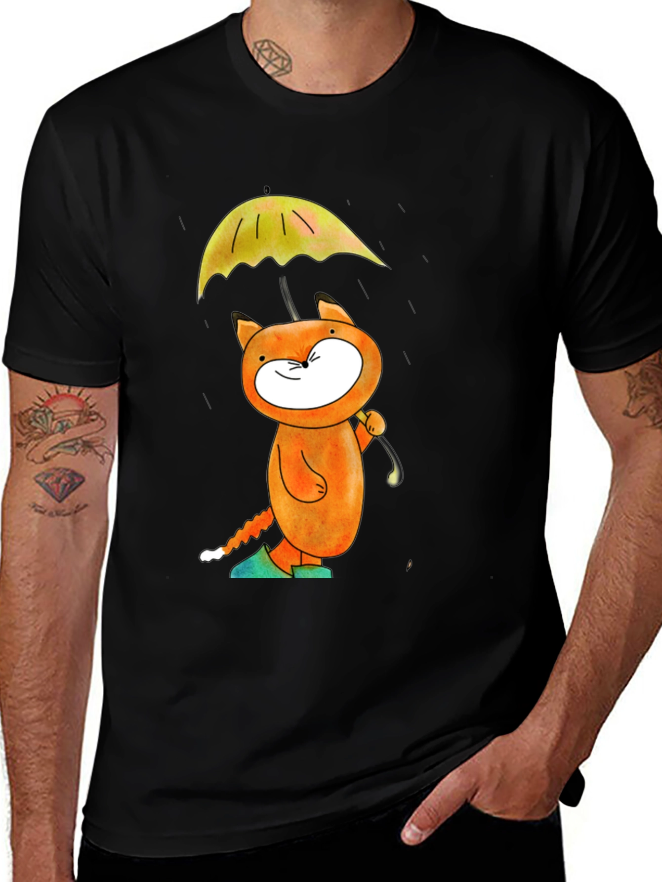 Cat with Umbrella Black T-Shirt