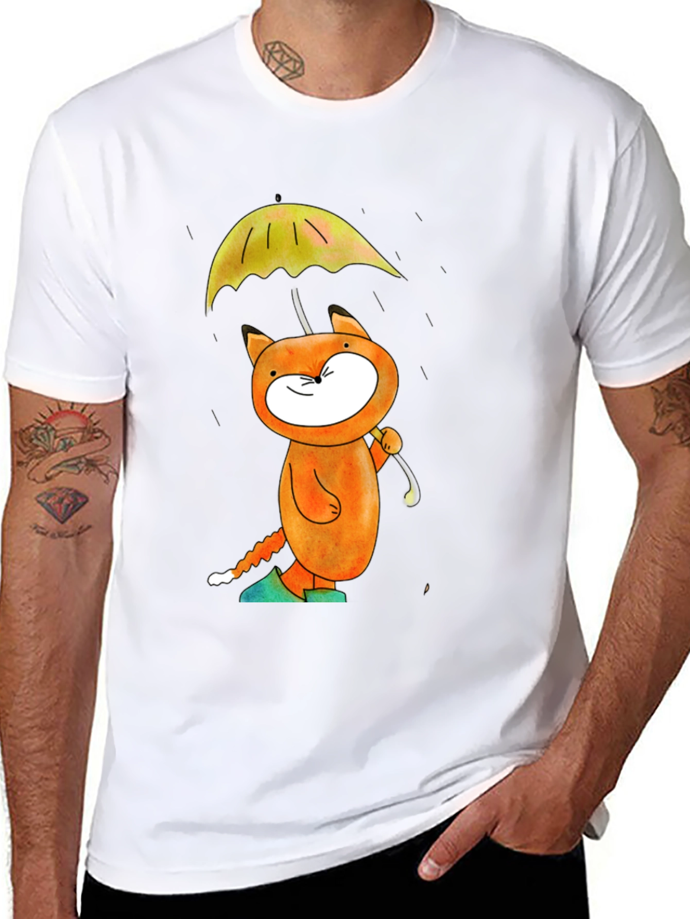 Cat with Umbrella Black T-Shirt